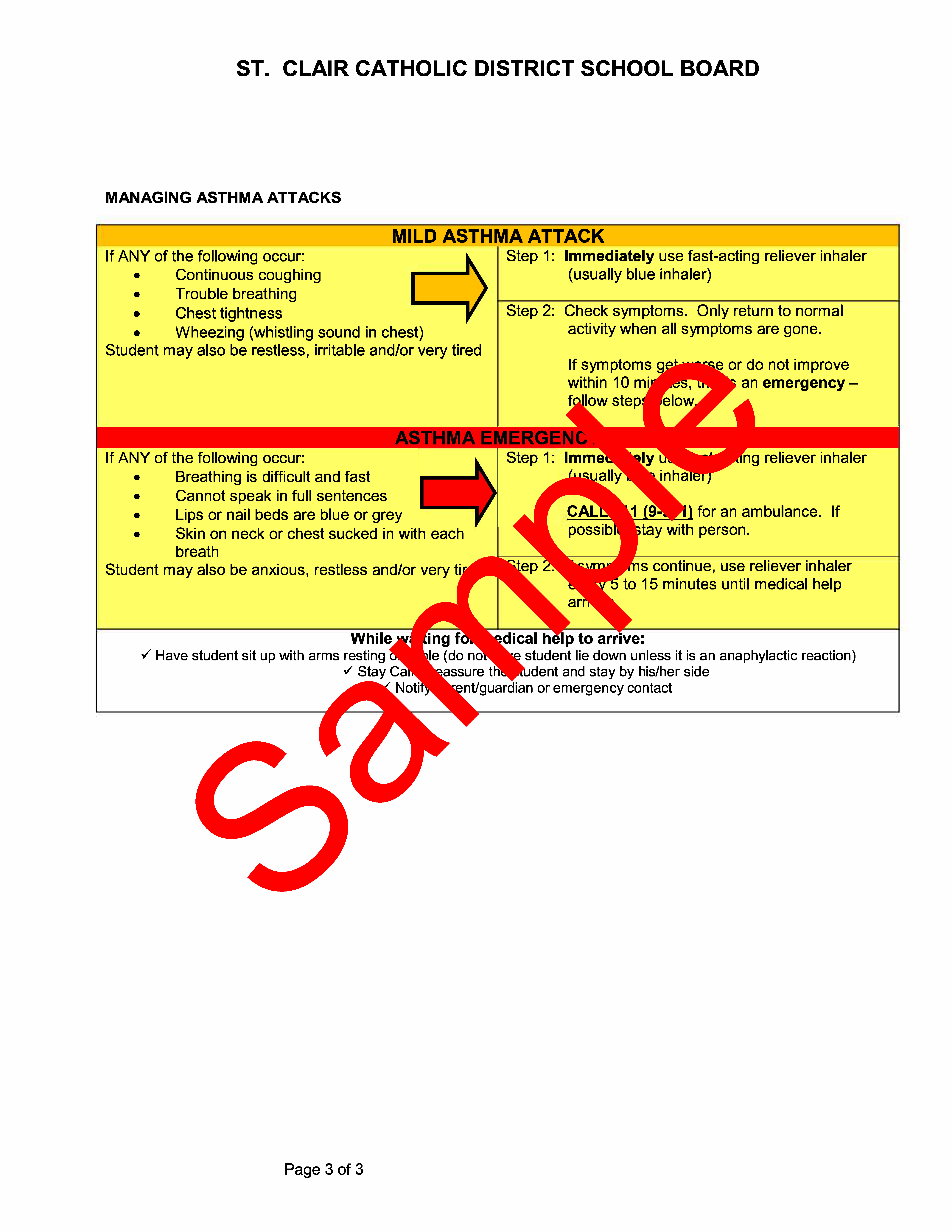 Page 3 of sample form for student asthma management plan of care, with sample watermark
