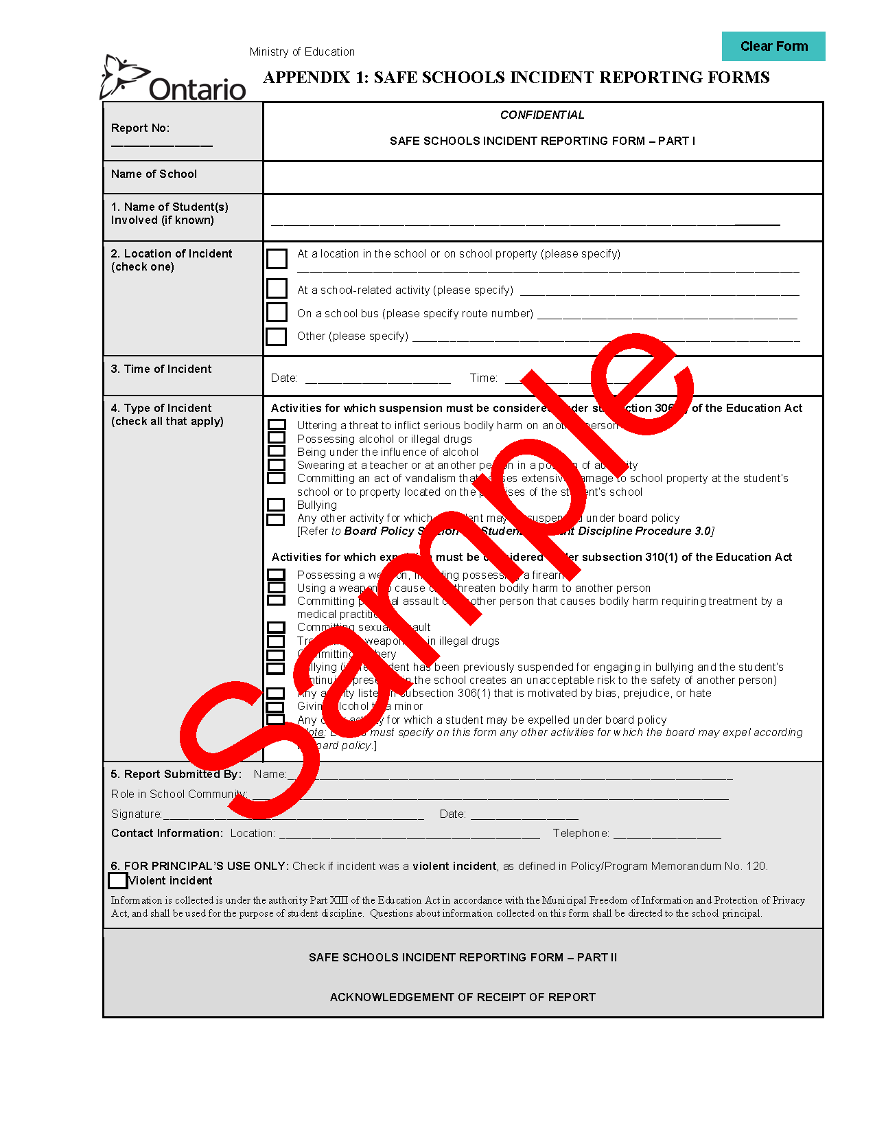 Page 1 of sample form for safe schools incident reporting, with watermark