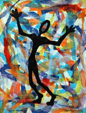 Abstract, colorful illustration of a person with raised arms