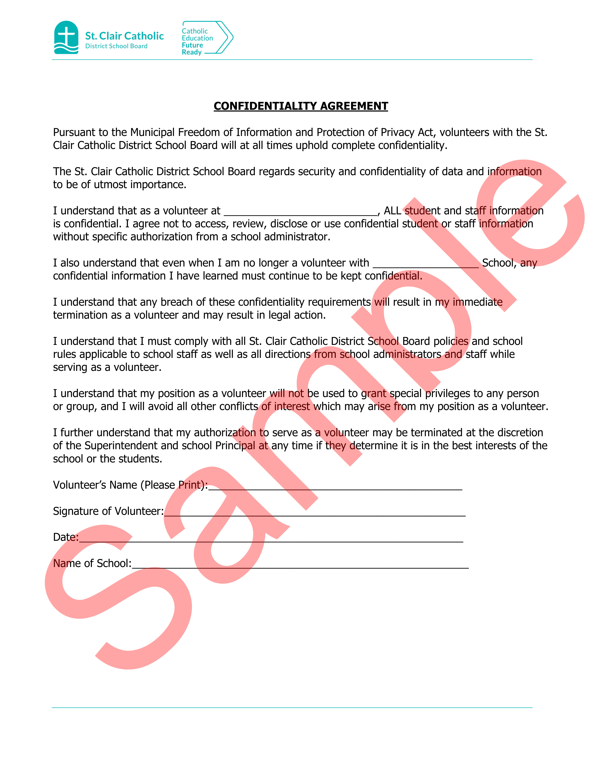 Sample of Confidentiality Agreement Form with watermark