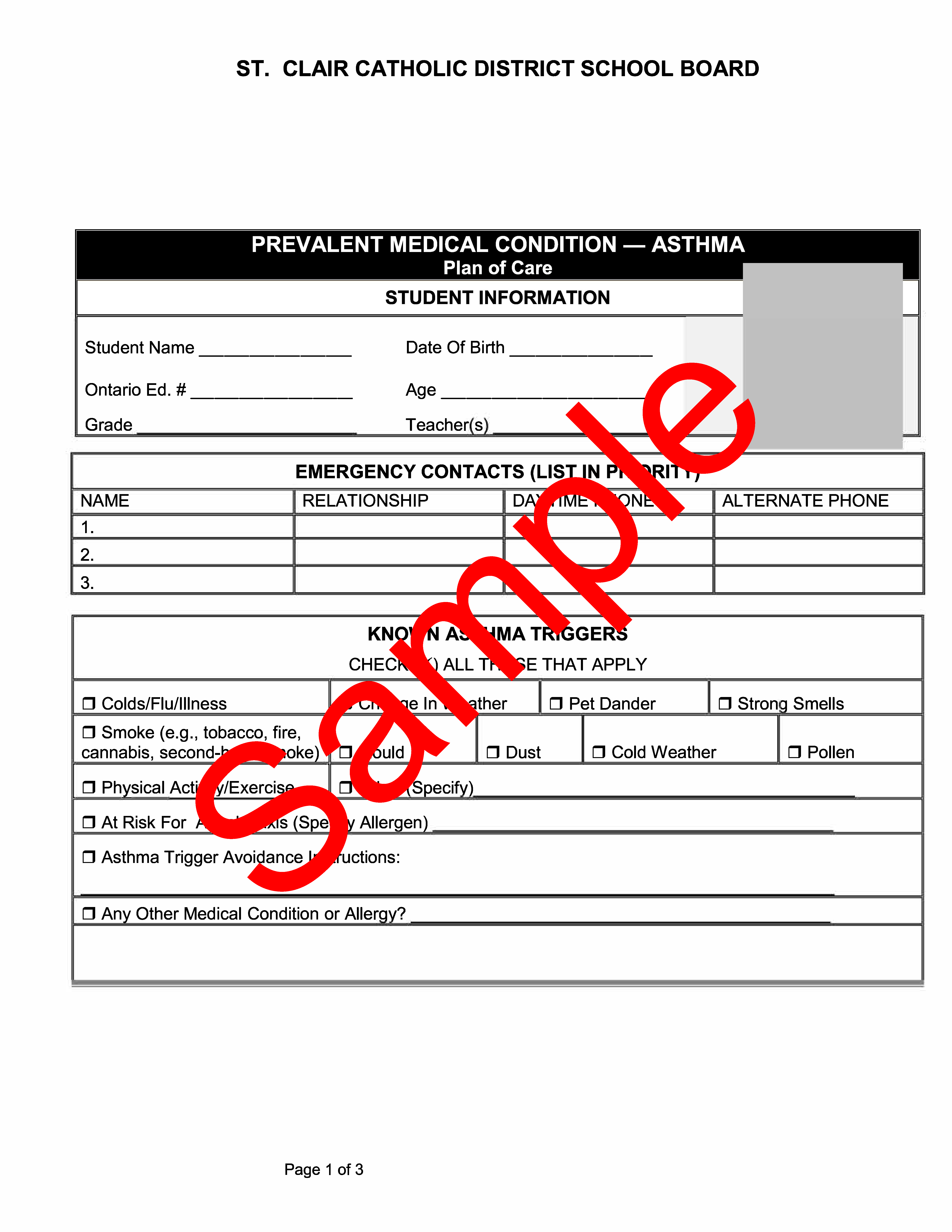 Page 1 of sample form for student asthma management plan of care, with sample watermark