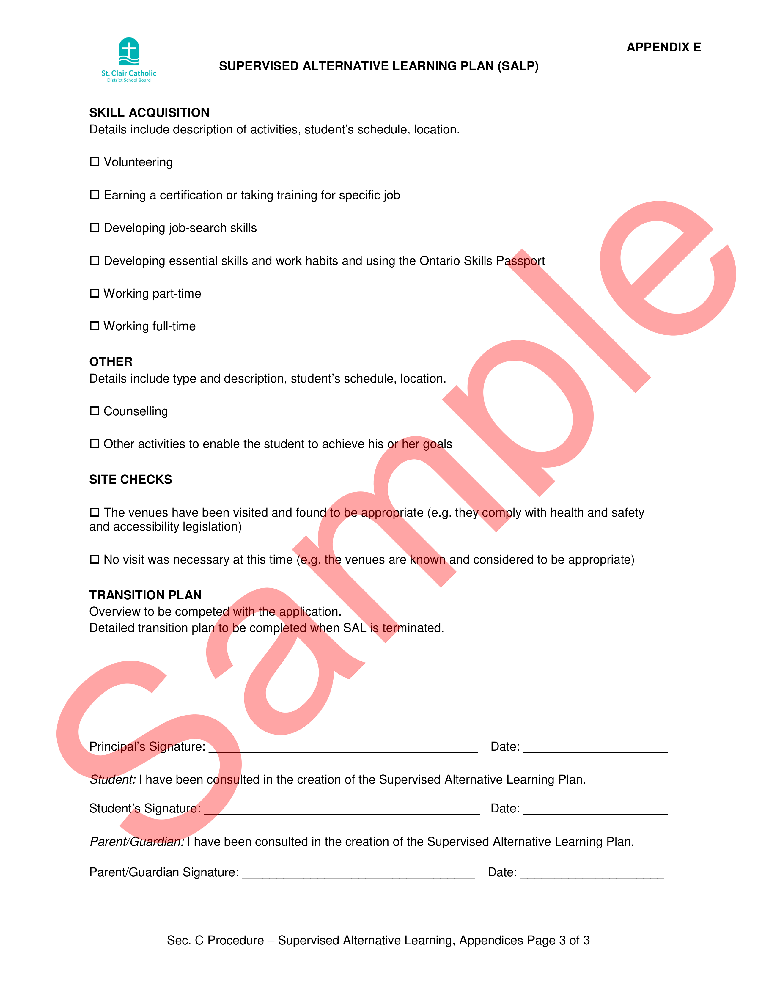 Page 1 of sample supervised SAL plan form, with watermark