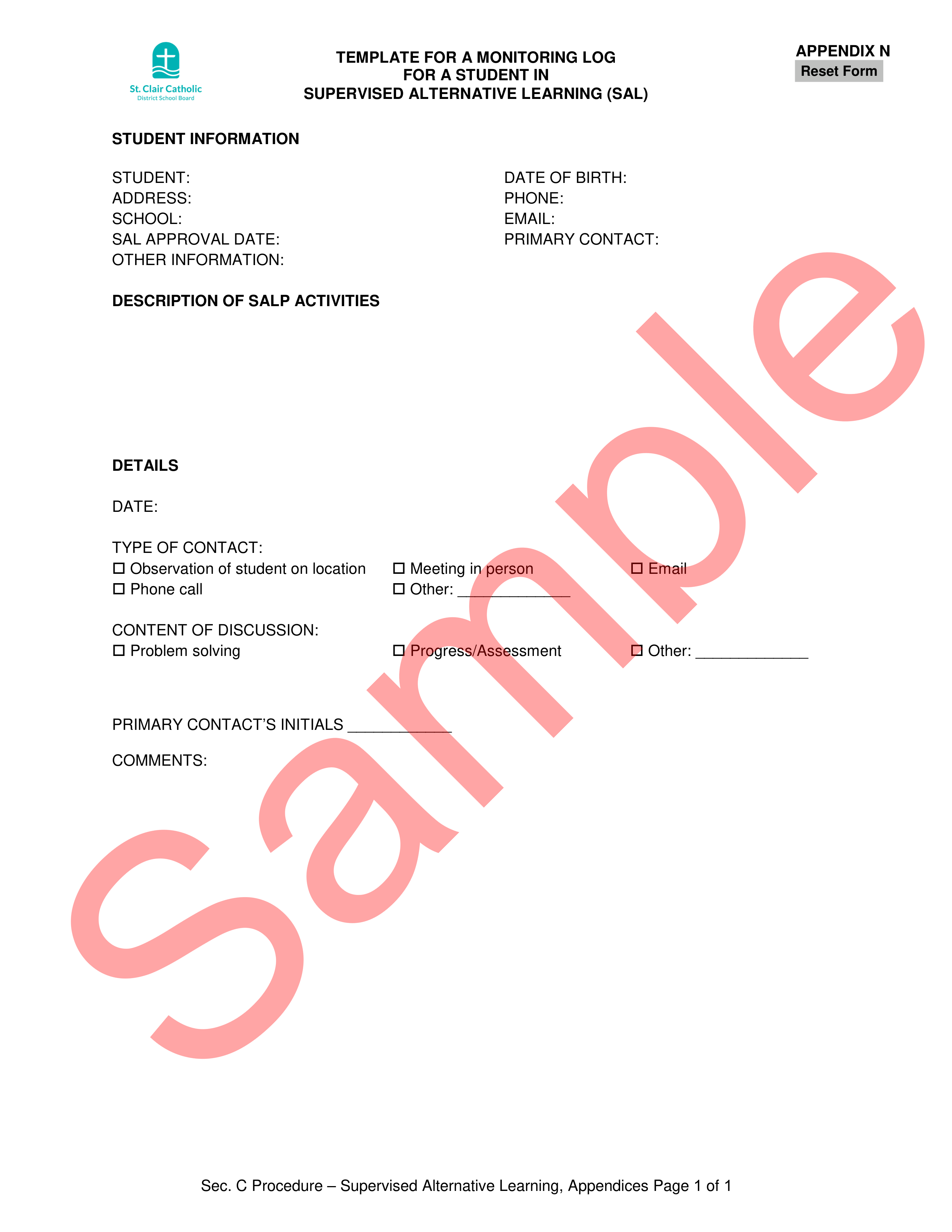 sample of Monitoring Log for a Student in SAL from with watermark