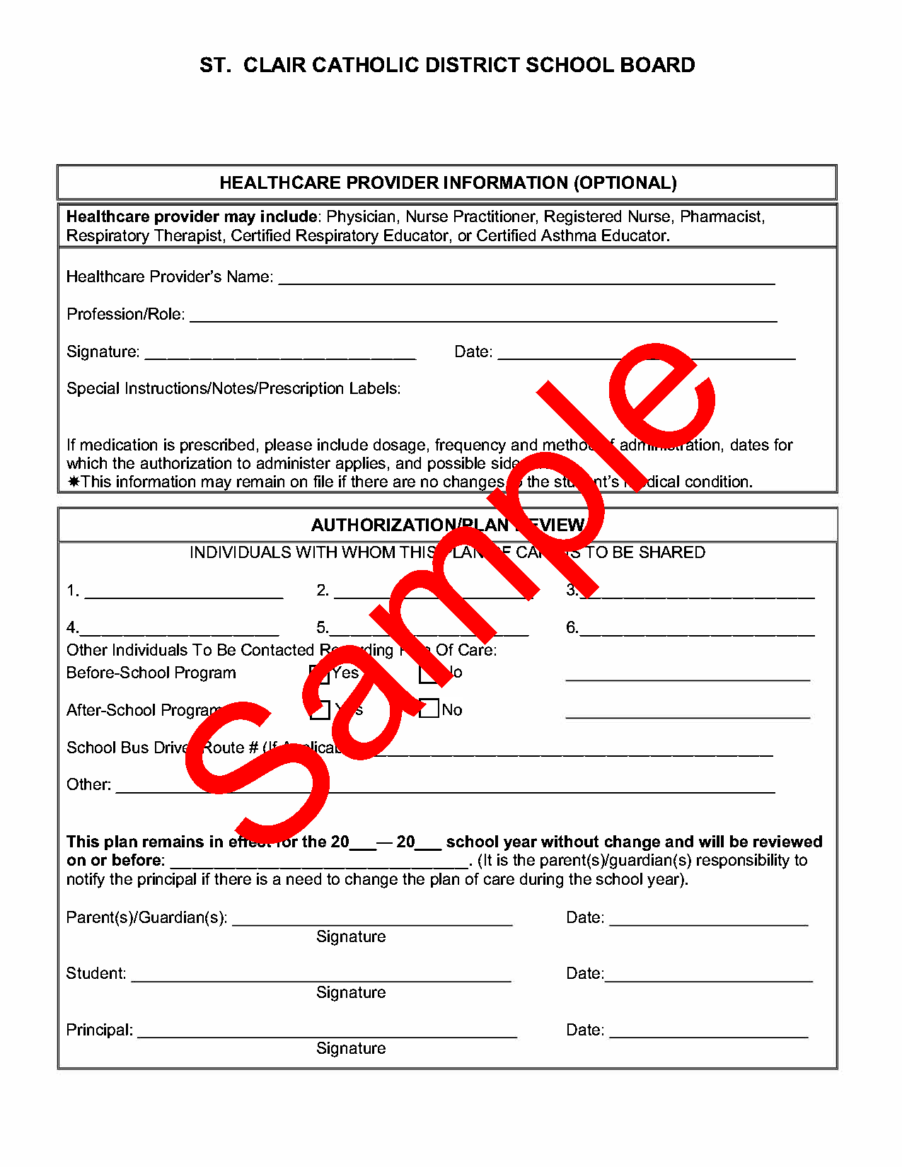 Page 4 of a sample anaphylaxis plan of care form, with watermark