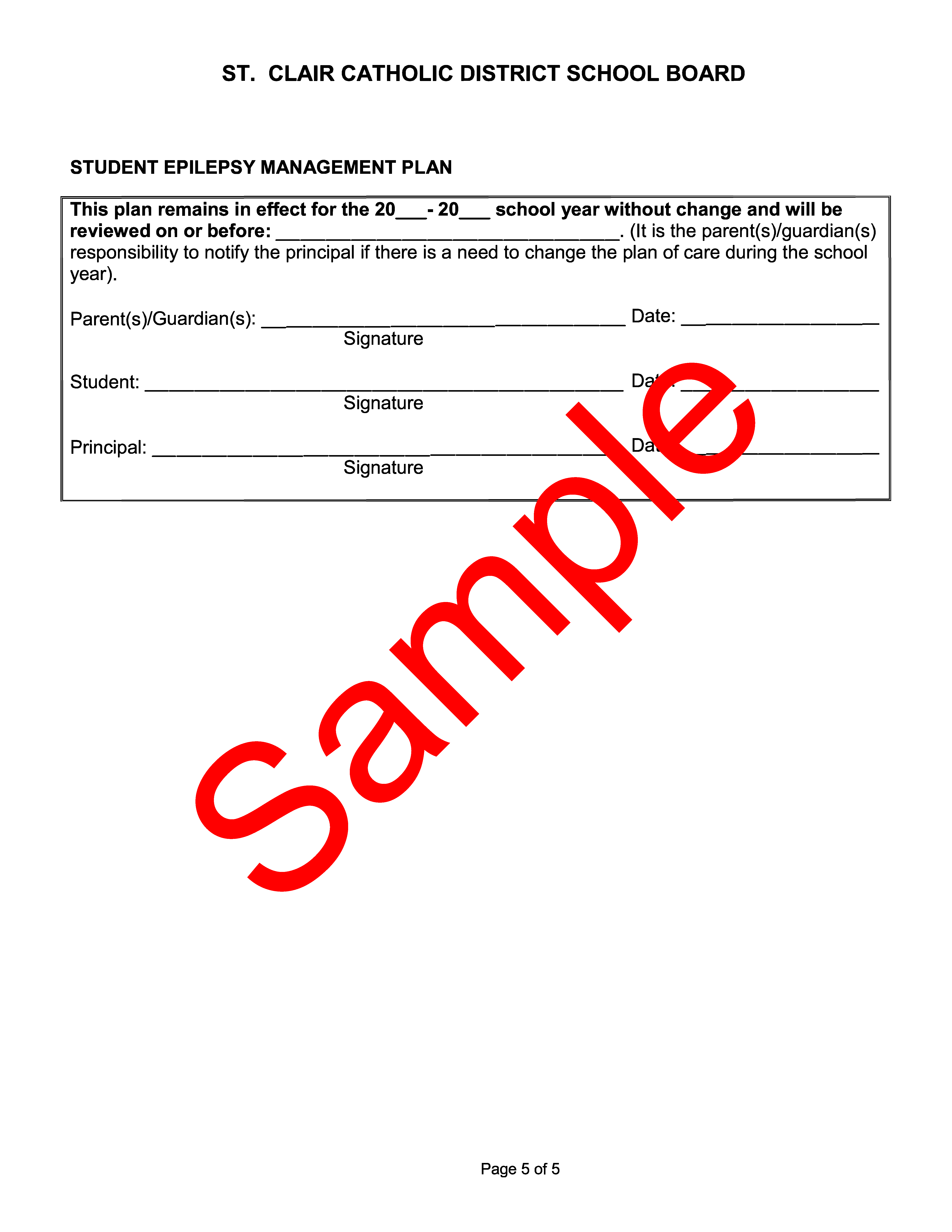 Page 5 of sample form  Student Epilipsy Management Plan of Care , with sample watermark
