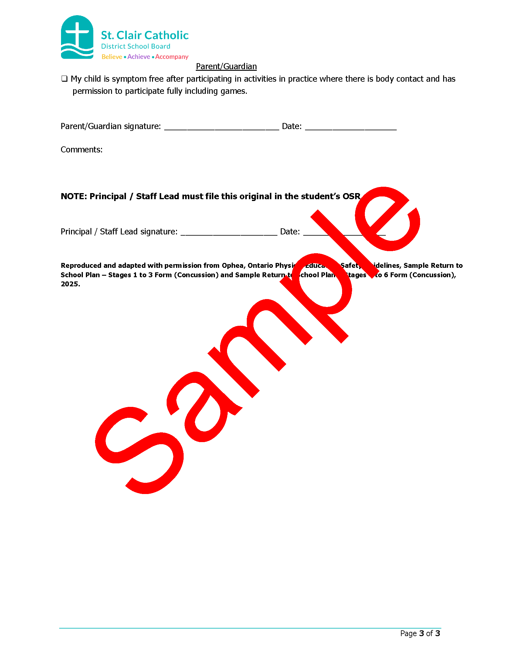 Page 3 of 3 of sample Return to Learn/Return to Physical Activity Plan Form with watermark