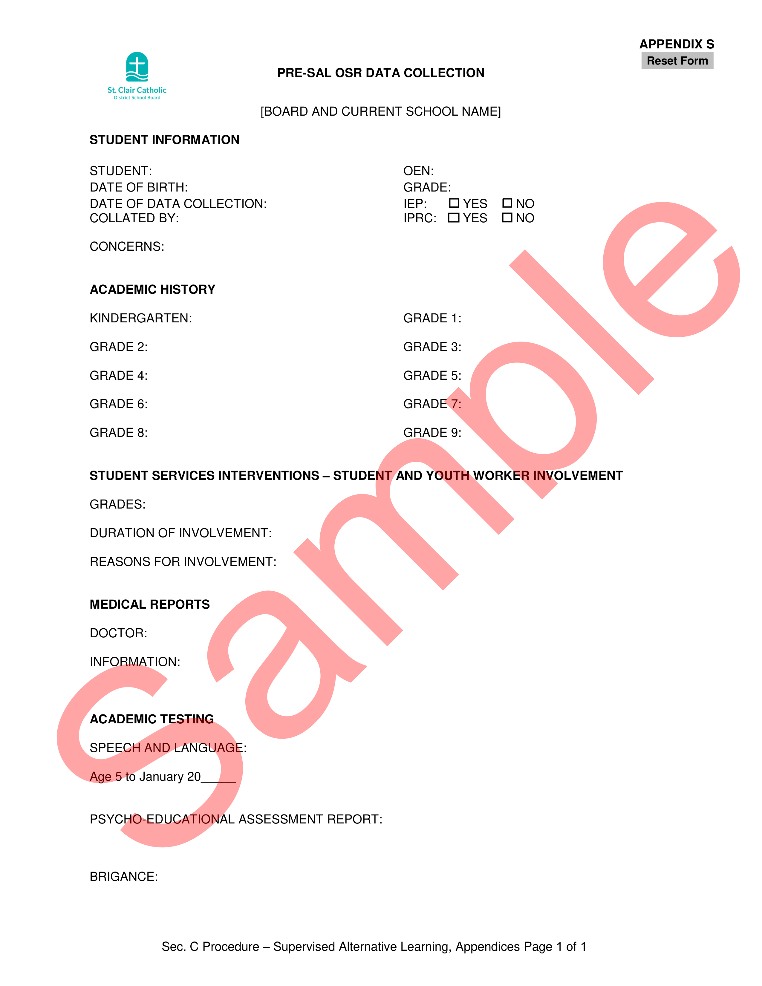 Sample of Pre-SAL Data Collection Form, with watermark