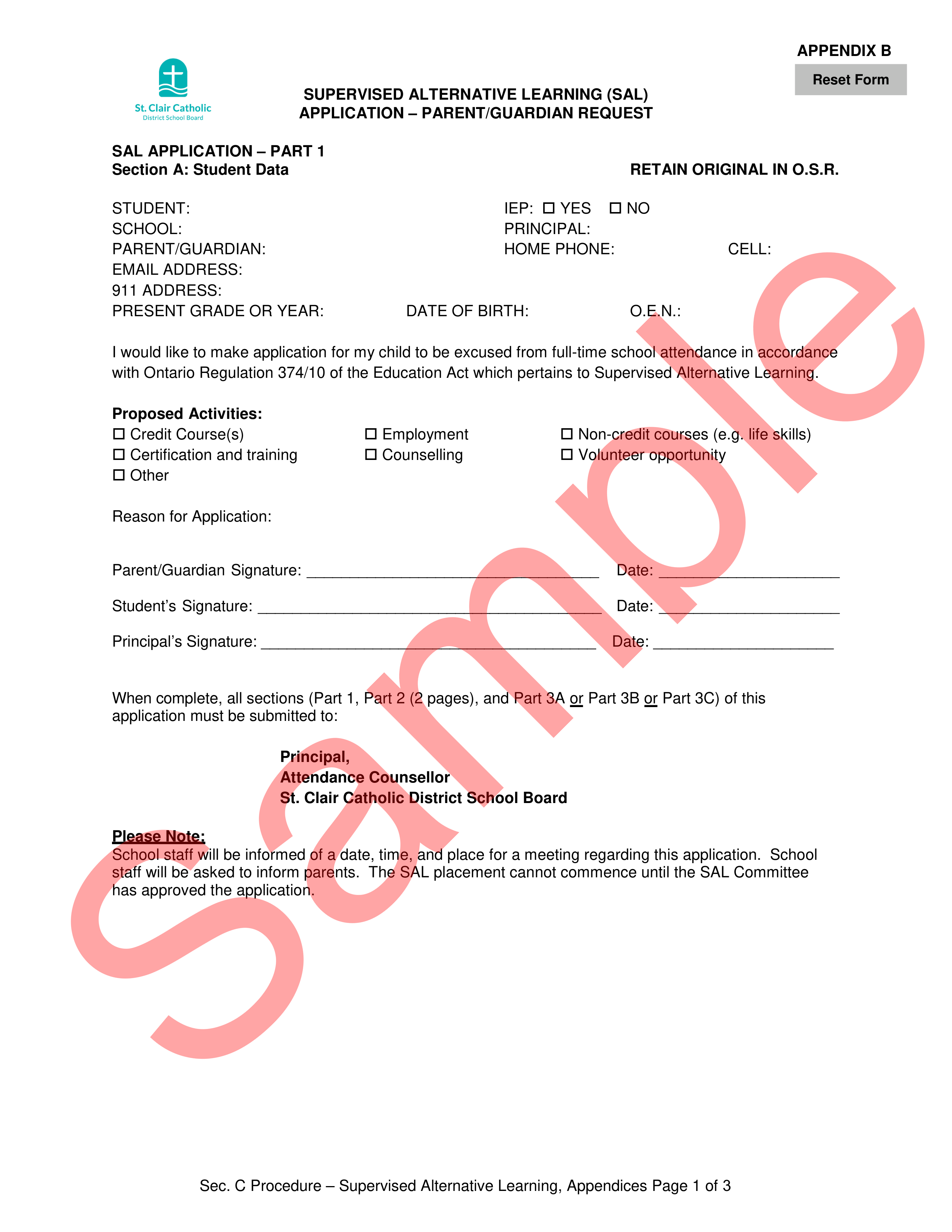 page 1 of sample SAL Appication - Parent or Guardian Request Form, with watermark