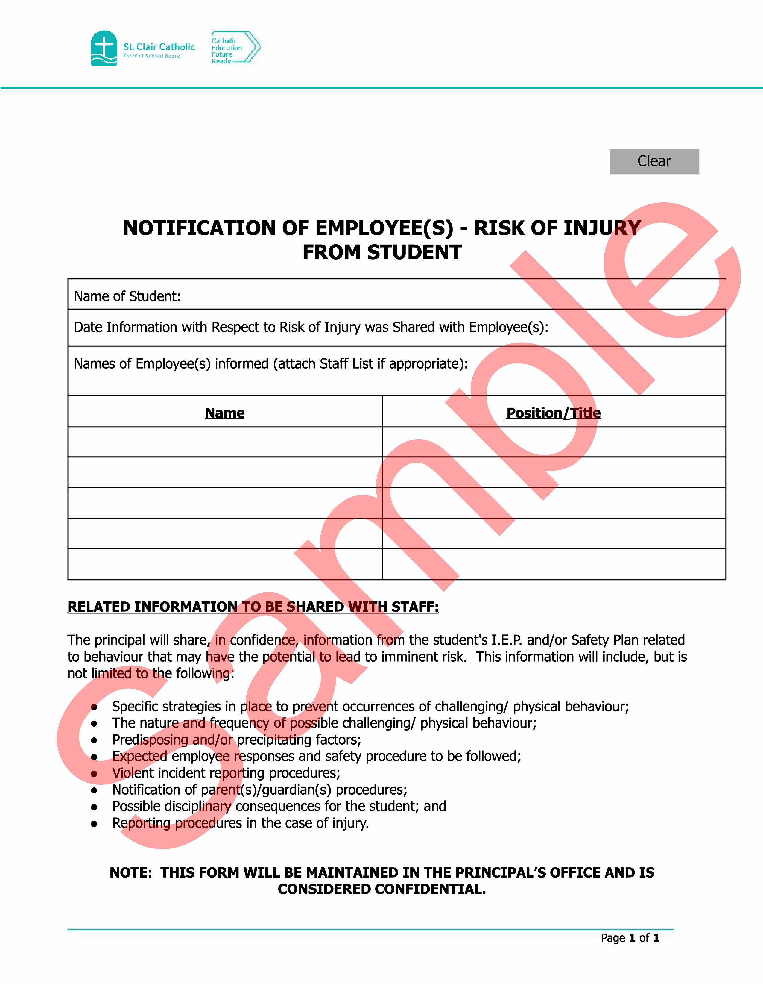 sample of Notification of Employee-Risk of Injury from Student Form, with watermark