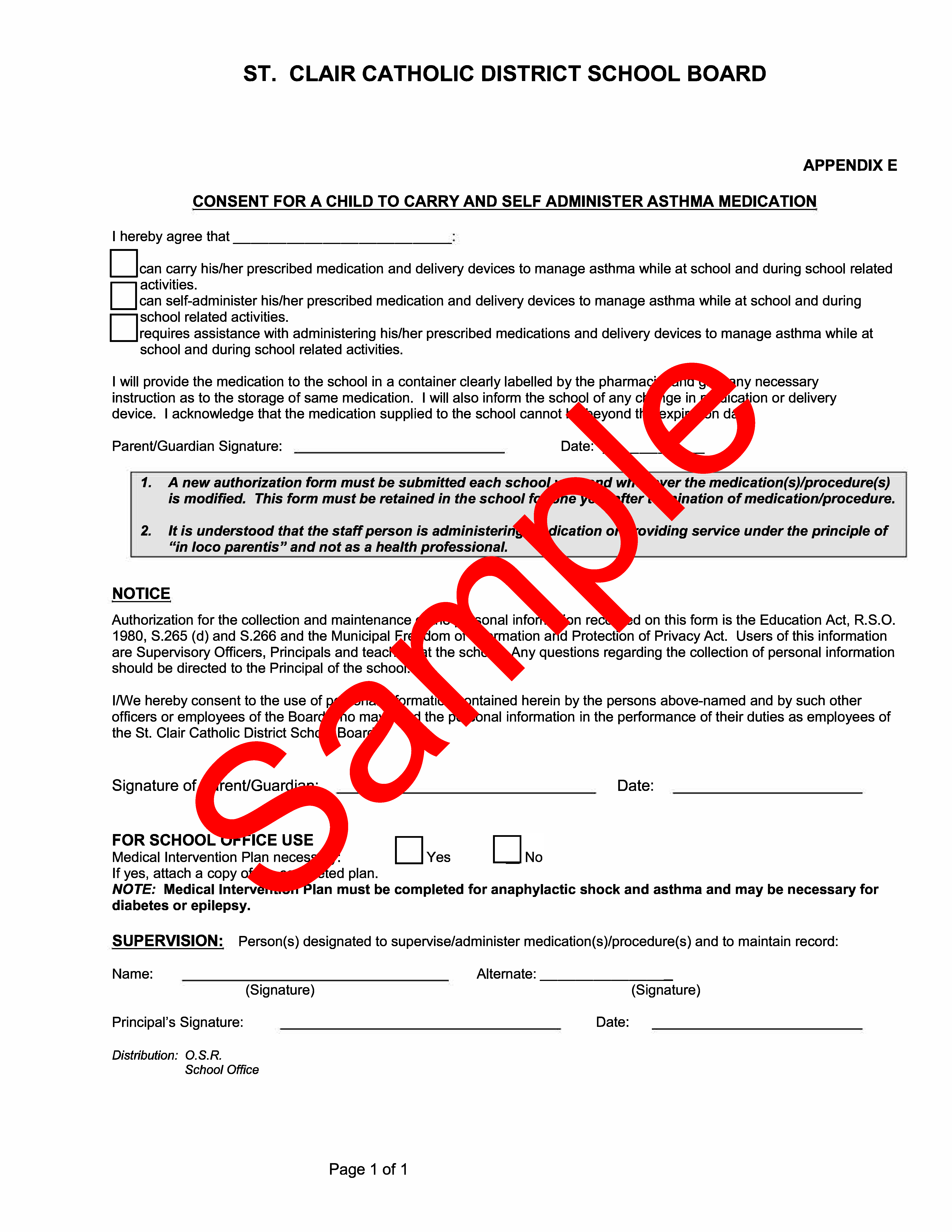 Sample of consent form for carry and self administer asthma medidation, with sample watermark
