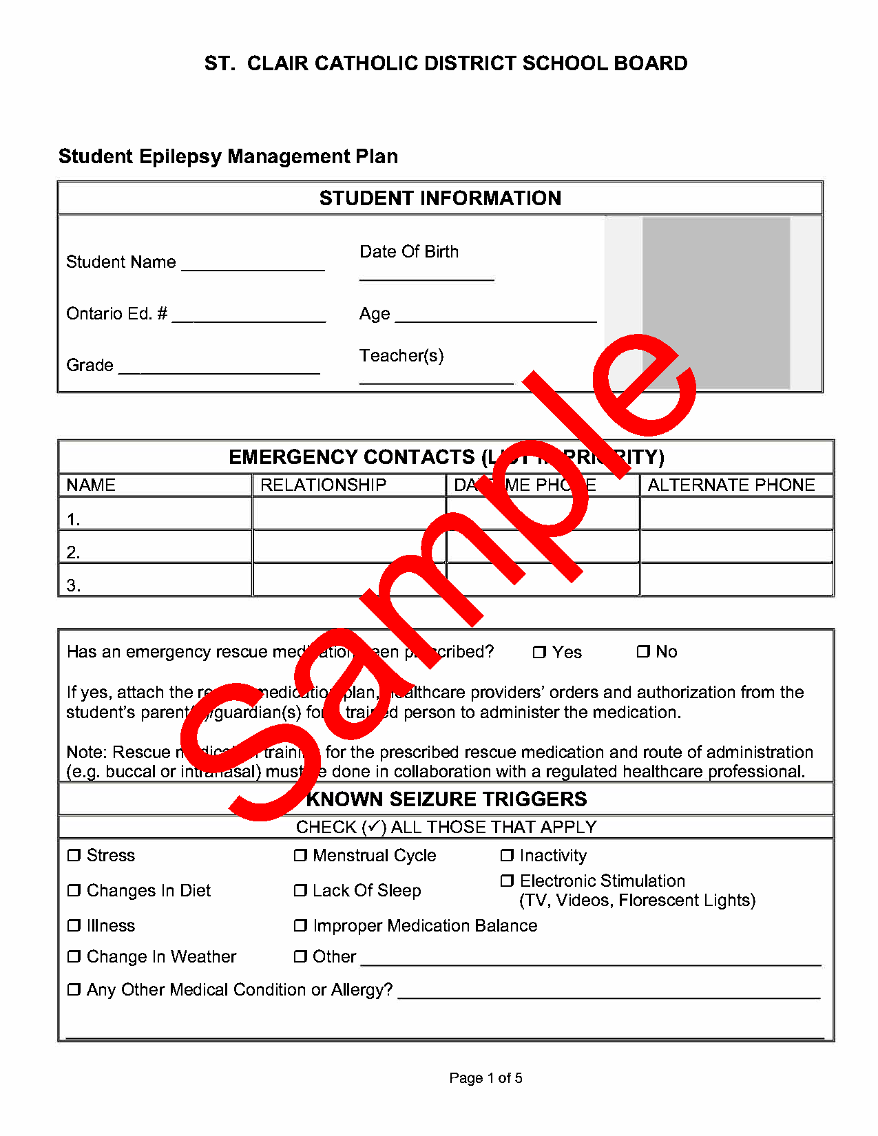 Page 1 of sample form  Student Epilipsy Management Plan of Care , with sample watermark