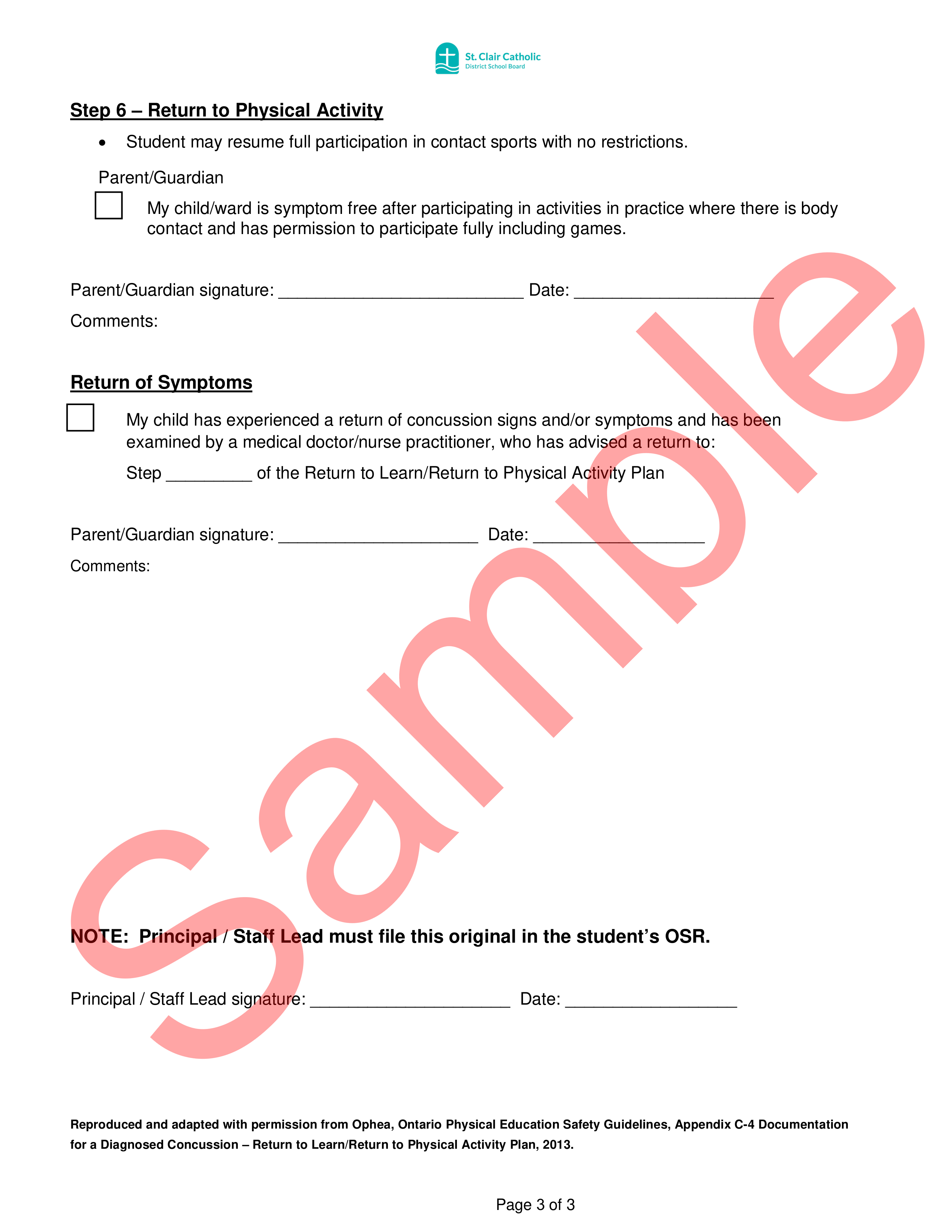 Page 3 of 3 of sample Return to Learn/Return to Physical Activity Plan Form with watermark