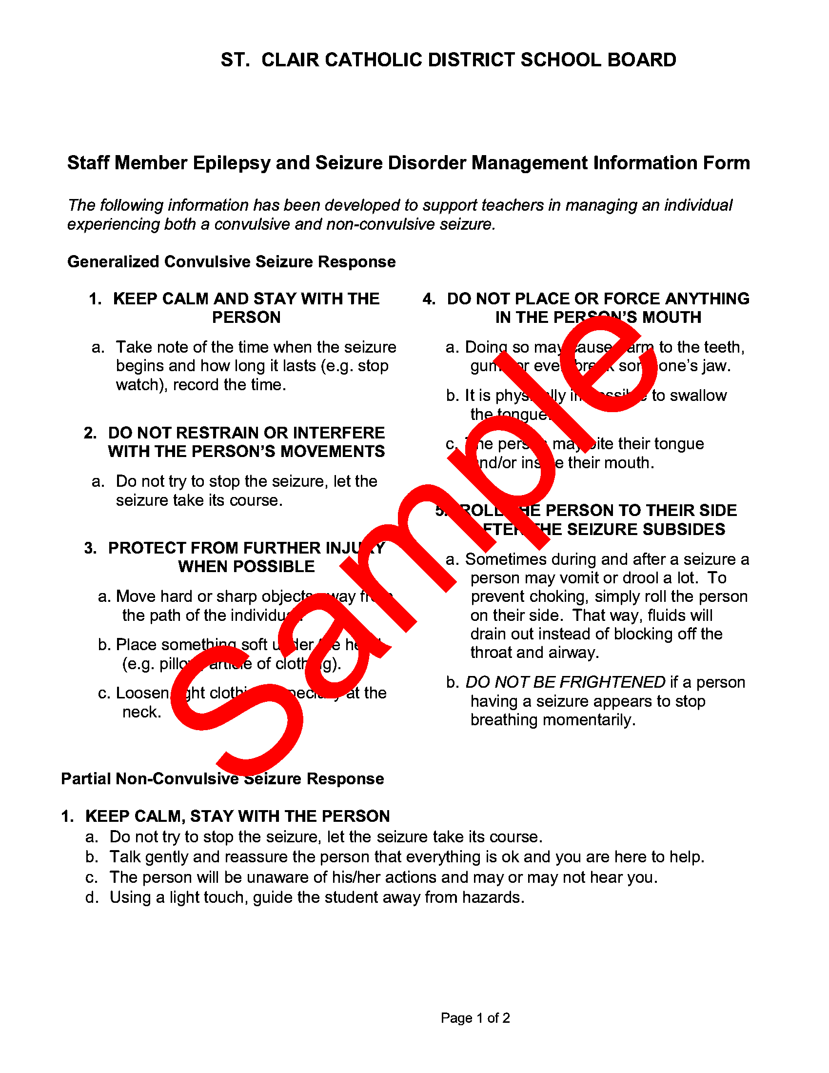 page 1 of sample Staff Disorder Management Information Form, with sample watermark