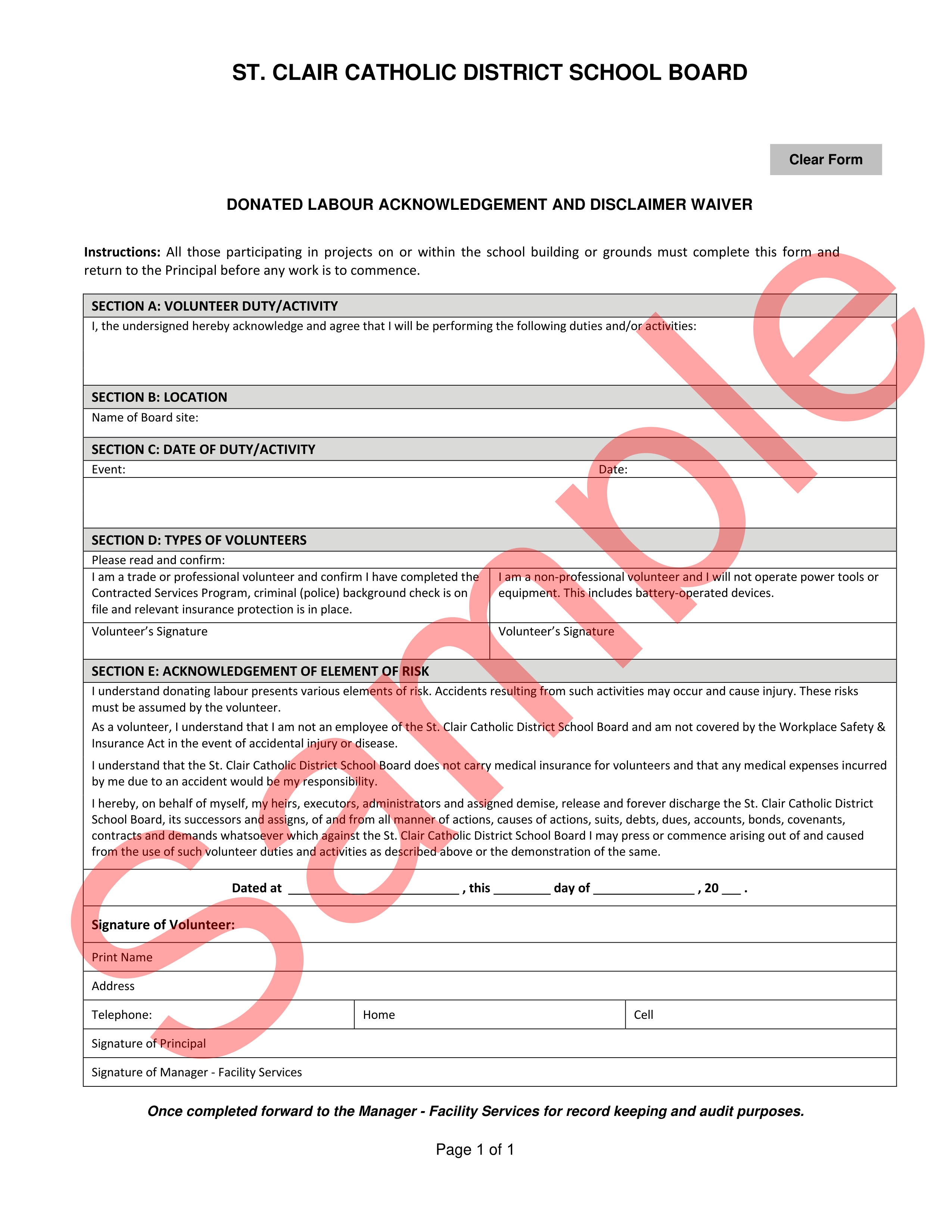 sample of Donated Labor Acknowledgement and Disclaimer Waiver form with watermark