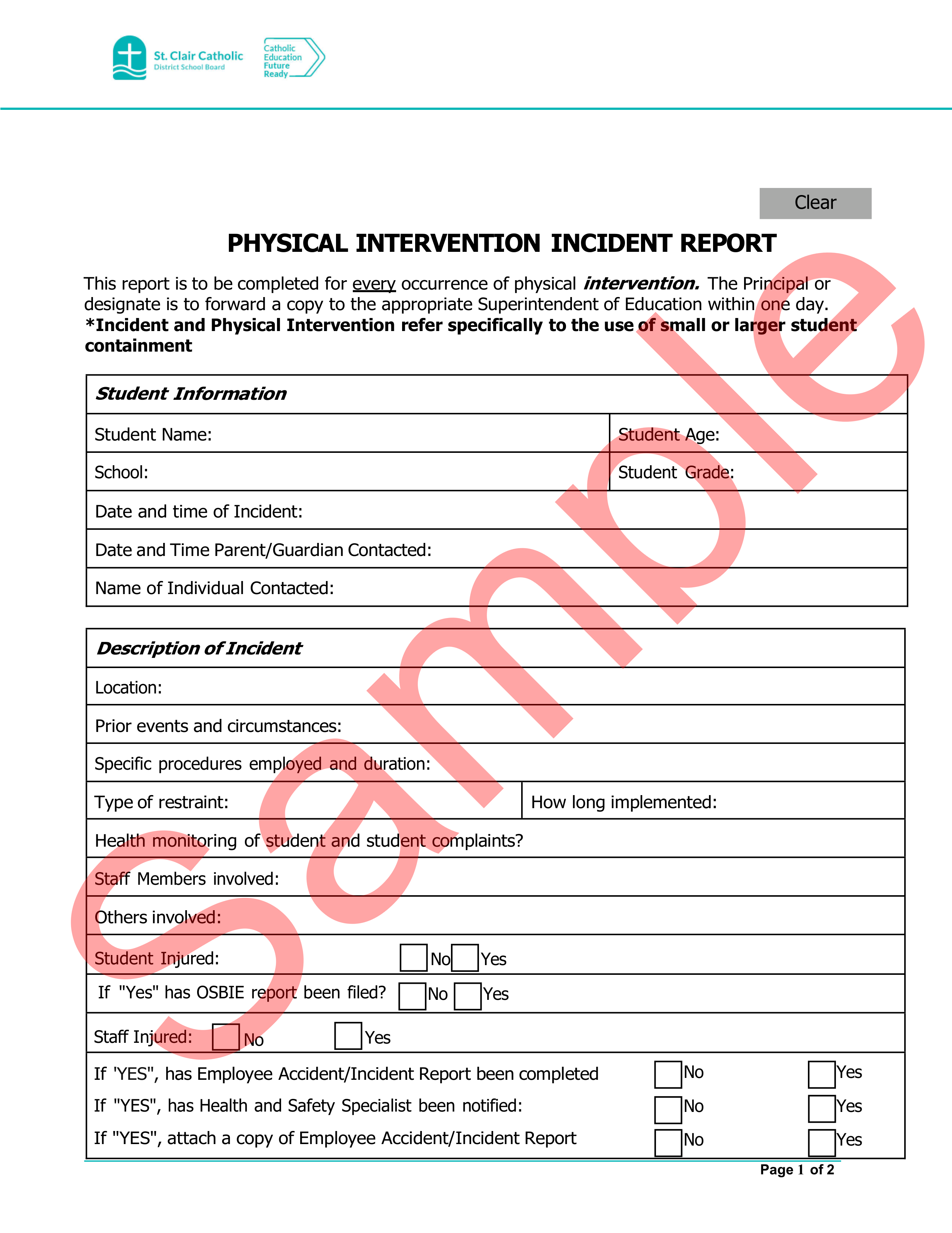 page 1 of sample of Physical Intervention Incident Report Form, with watermark