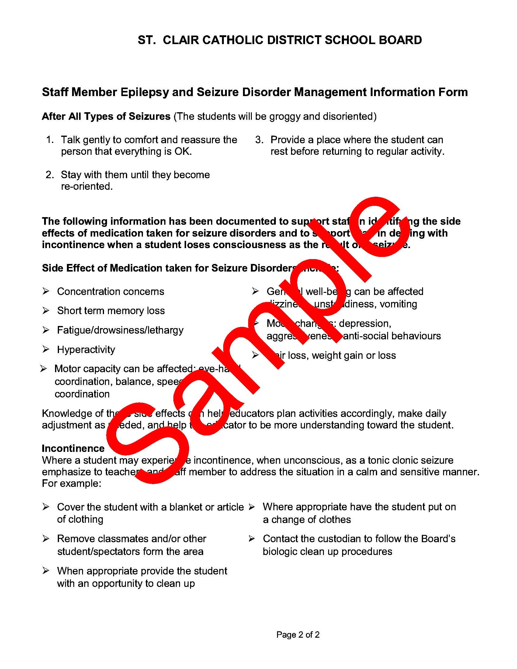page 2 of sample Staff Disorder Management Information Form, with sample watermark