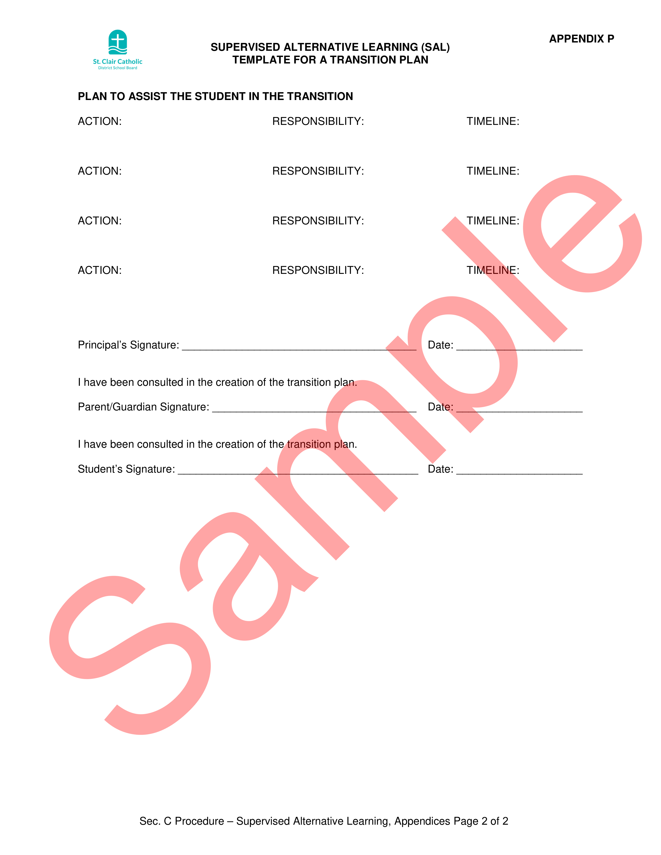 page 2 of 2, sample SAL Transition Plan Form, with watermark