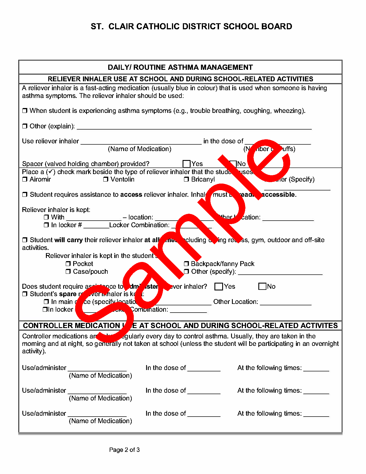 Page 2 of sample form for student asthma management plan of care, with sample watermark
