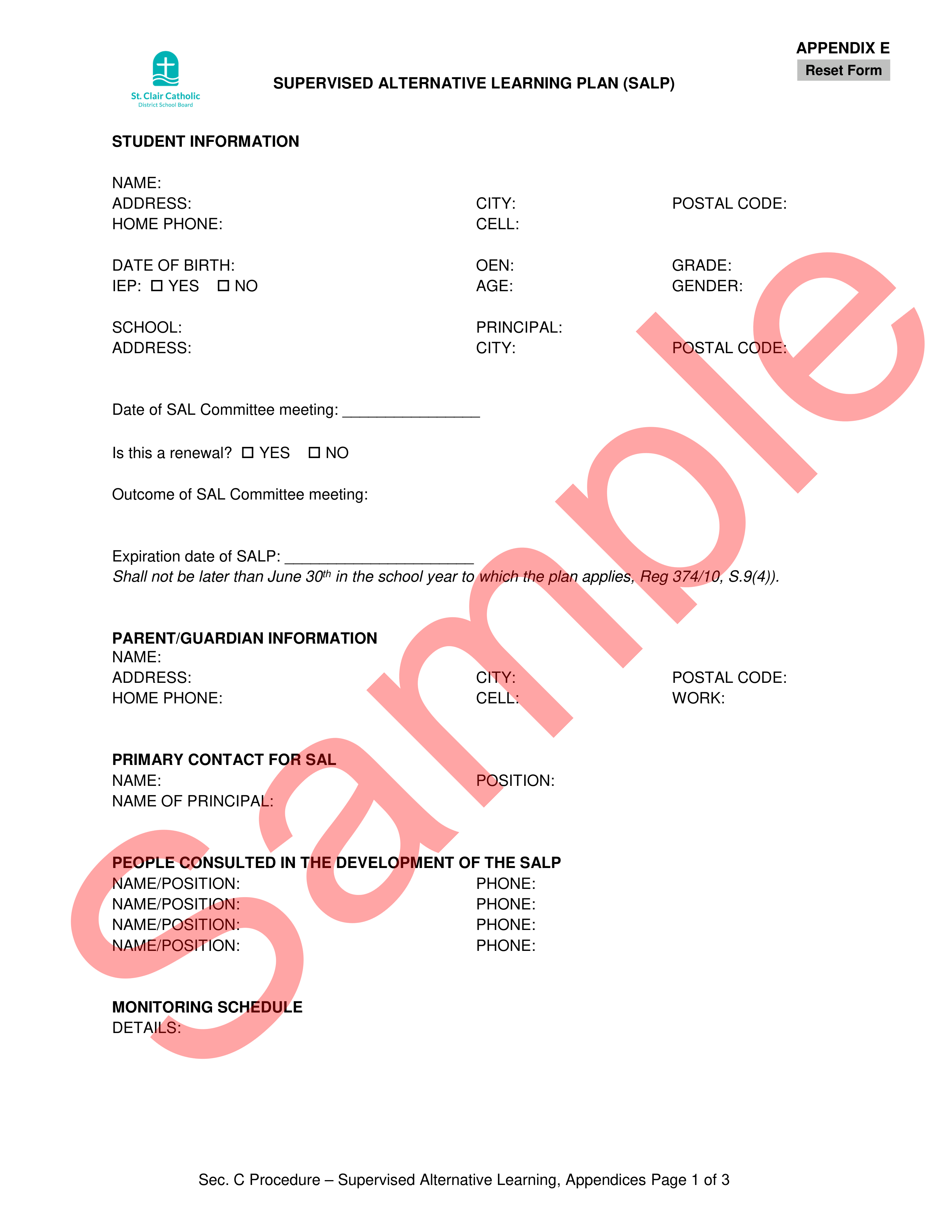 Page 1 of sample supervised SAL plan form, with watermark