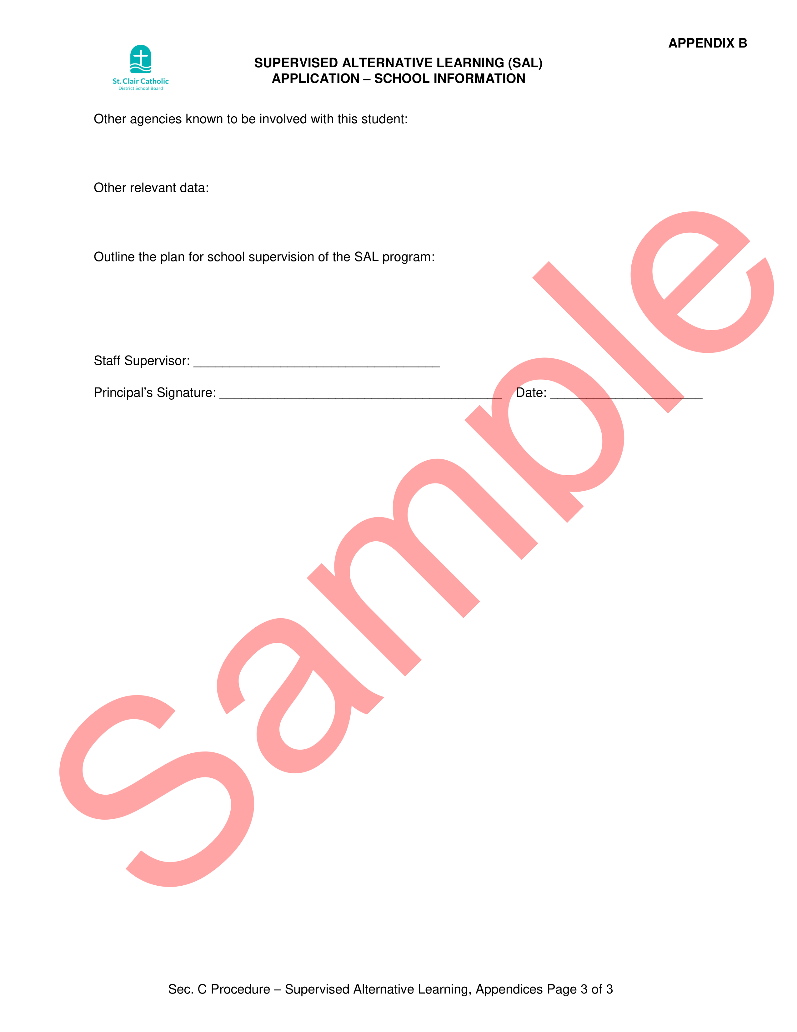 page 3 of sample SAL Appication - Parent or Guardian Request Form, with watermark
