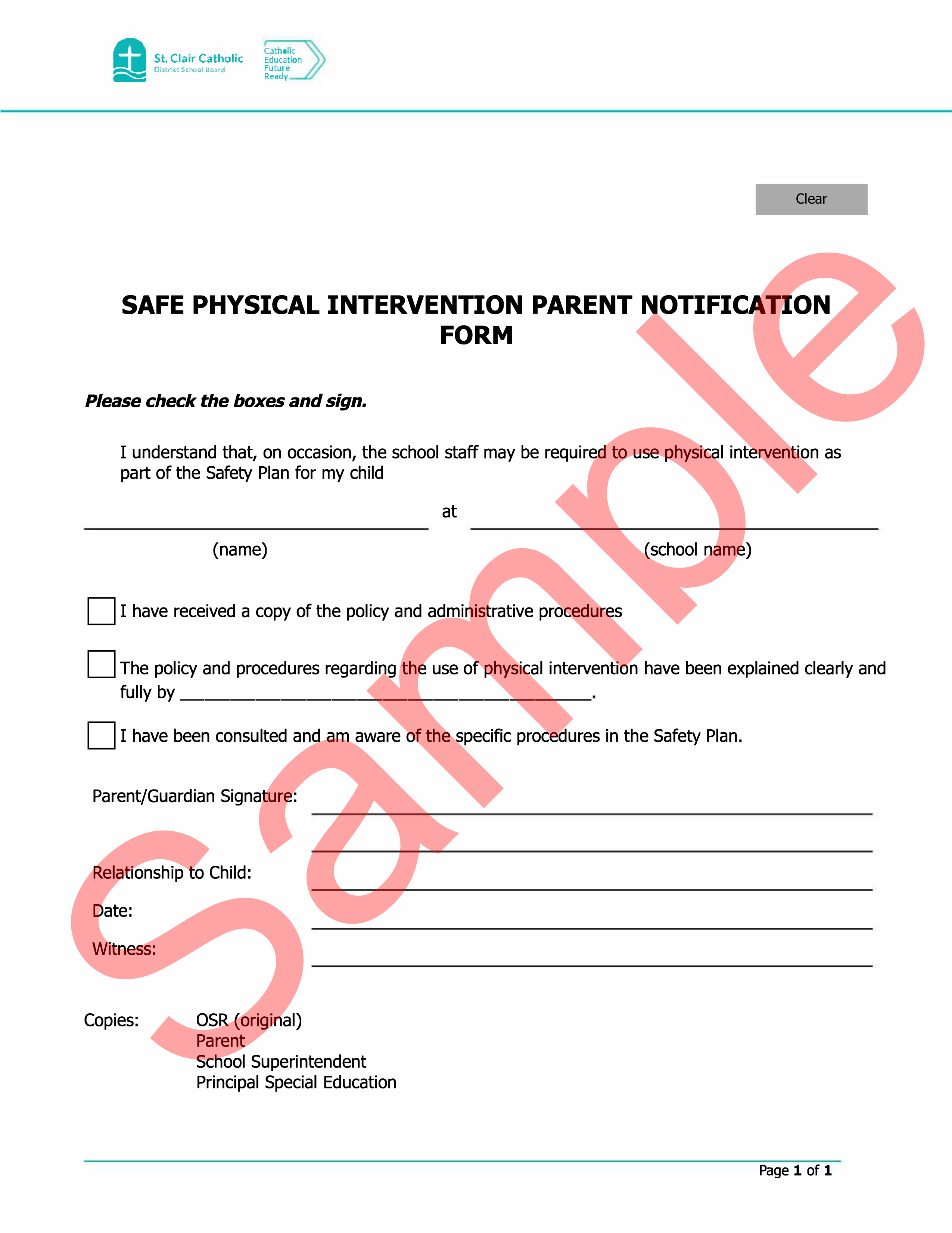  sample of Safe Physical Intervention Parent Notification form, with watermark