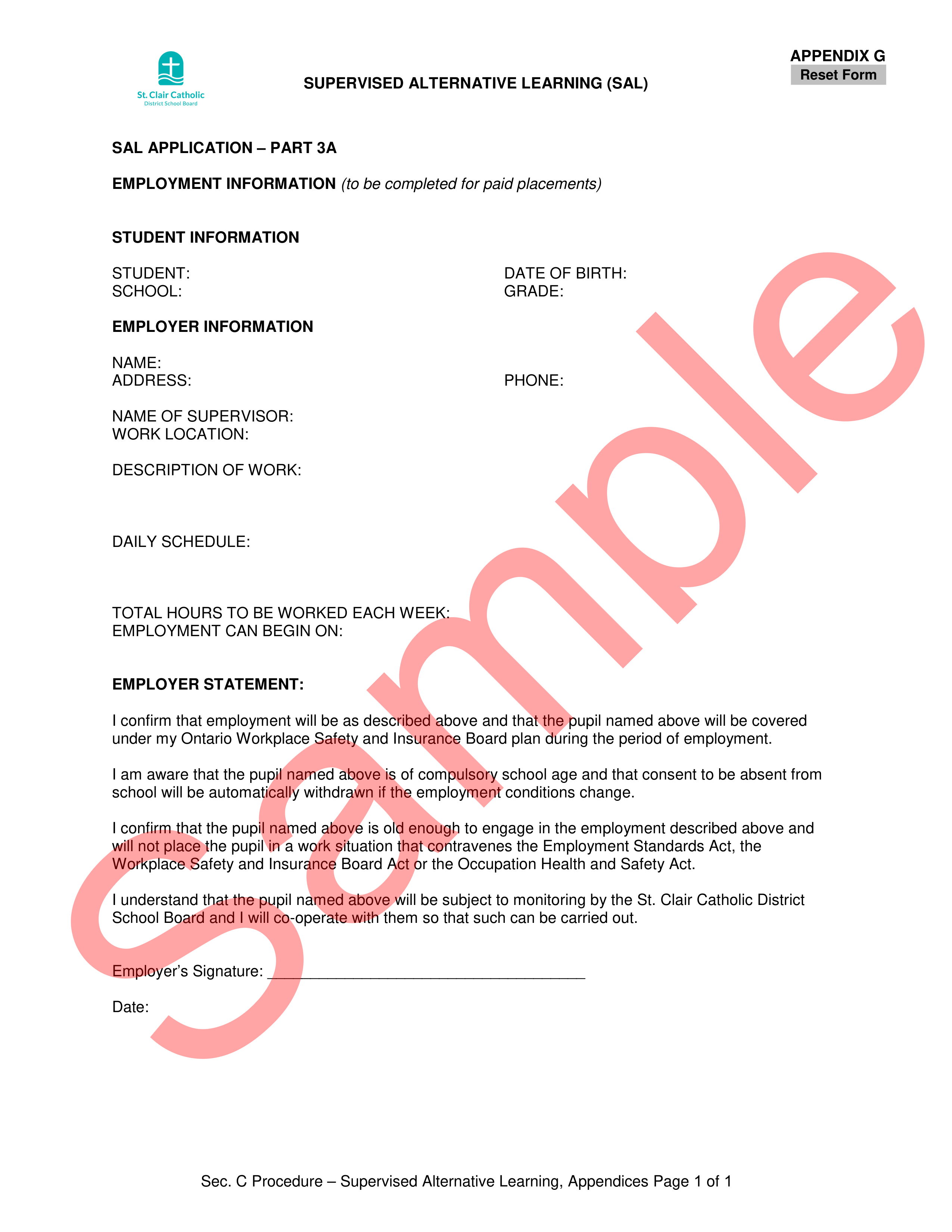 sample SAL Application - Employment Information form, with watermark