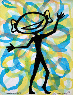 Abstract, colorful illustration of a person with a big smile and arms raised to shoulders