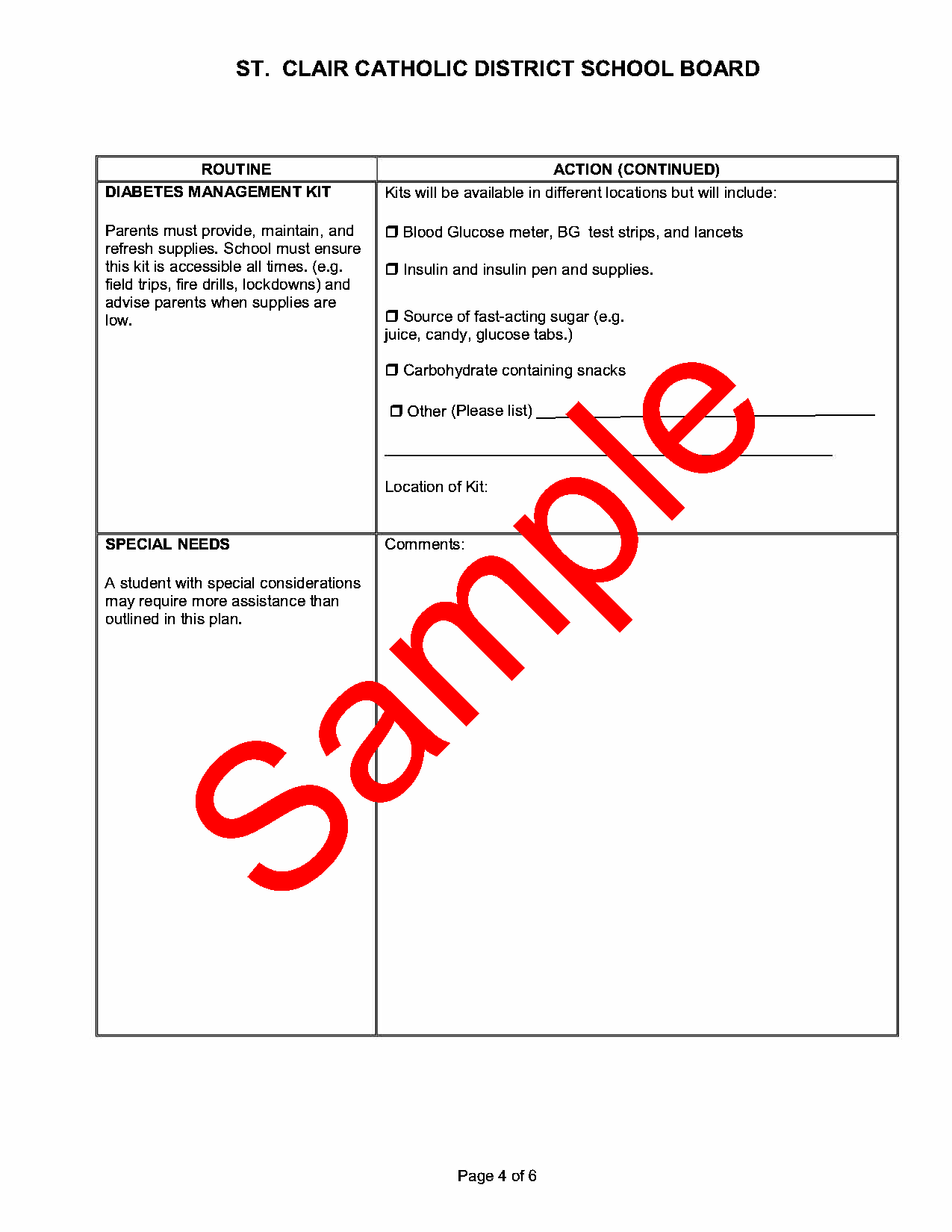 Page 4 of Sample of diabetes support plan of care form, with sample watermark