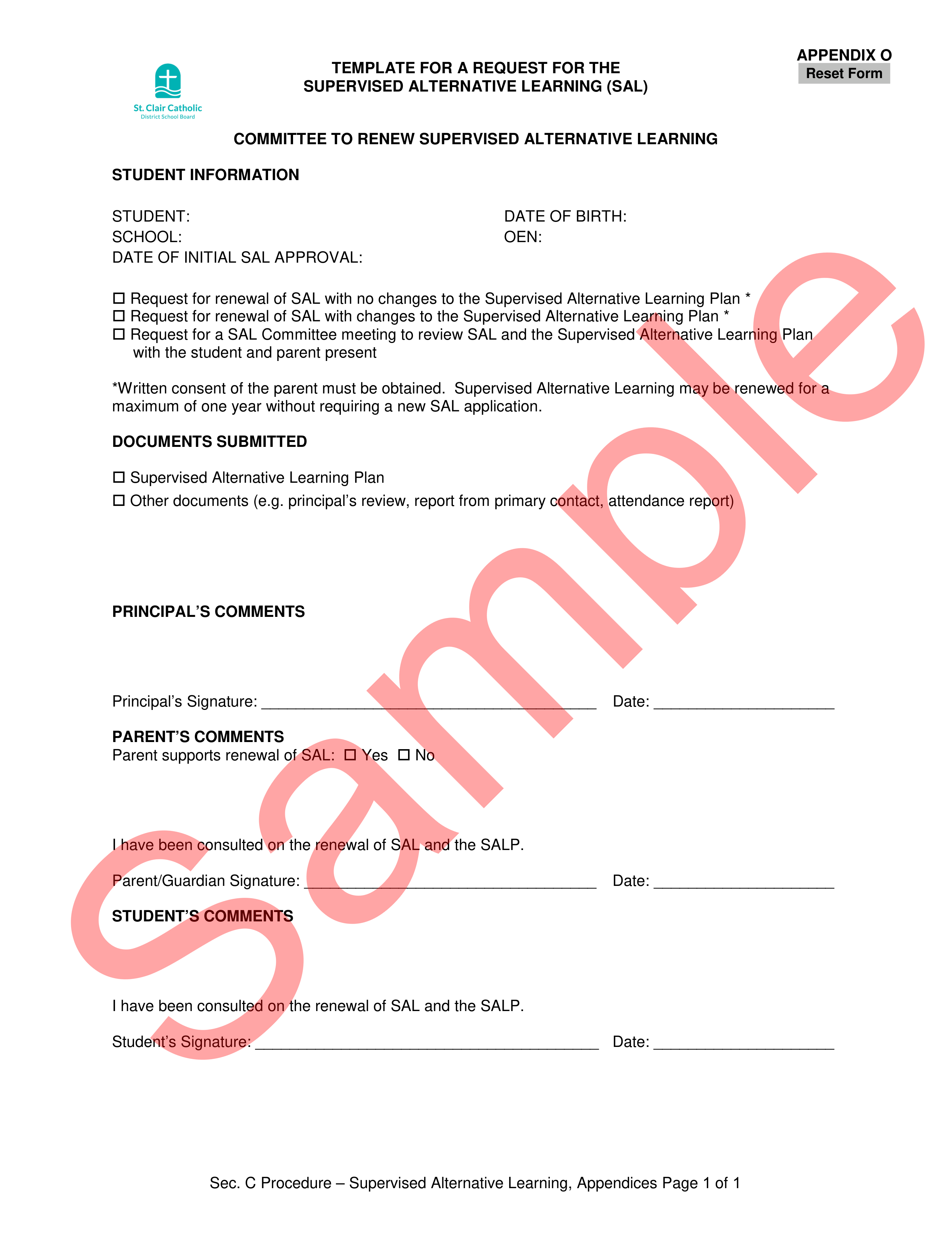 sample of Request for SAL Committee to Renew Form, with watermark