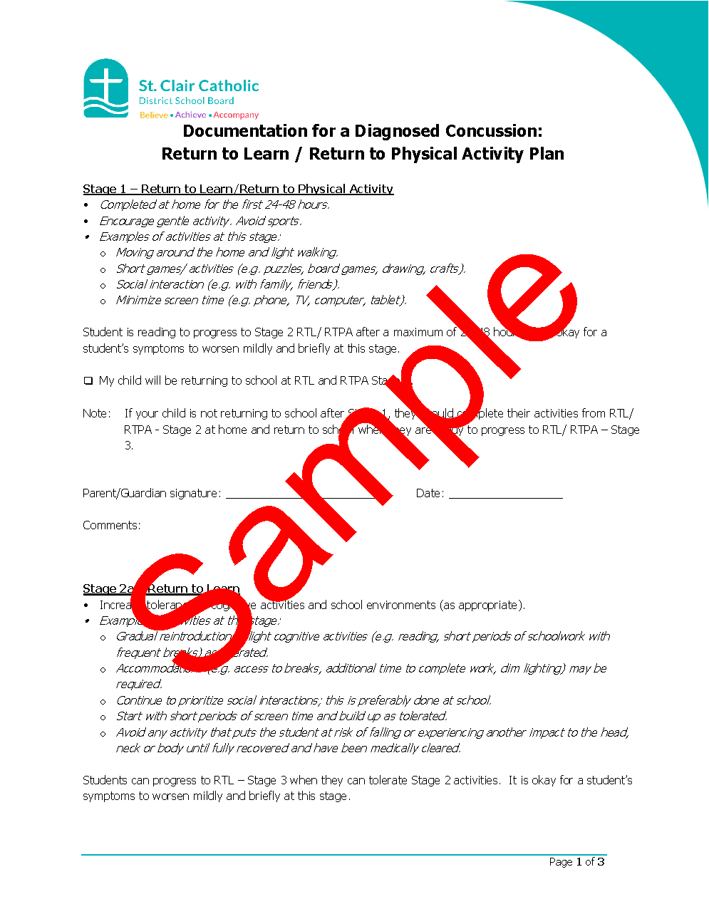 Page 1 of 3 of sample Return to Learn/Return to Physical Activity Plan Form with watermark