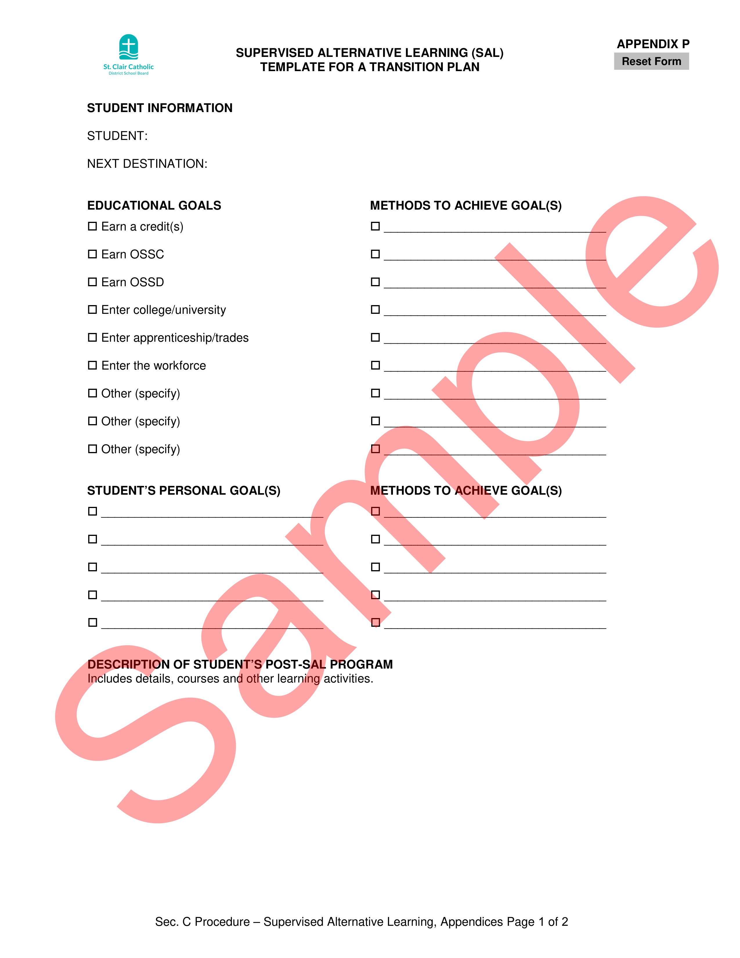 page 1 of 2, sample SAL Transition Plan Form, with watermark