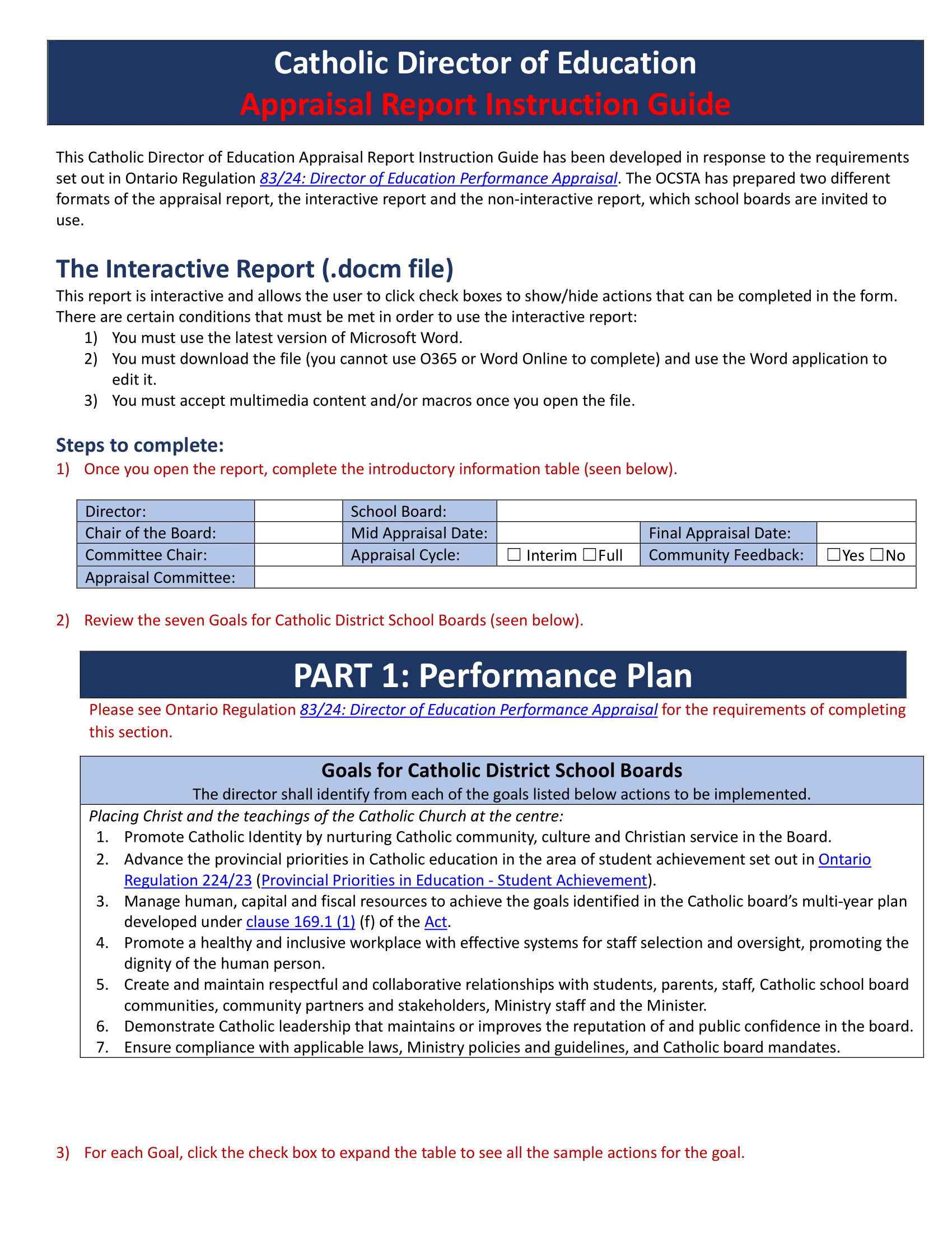 Page 1 of Catholic Director of Education Appraisal Report Instruction Guide