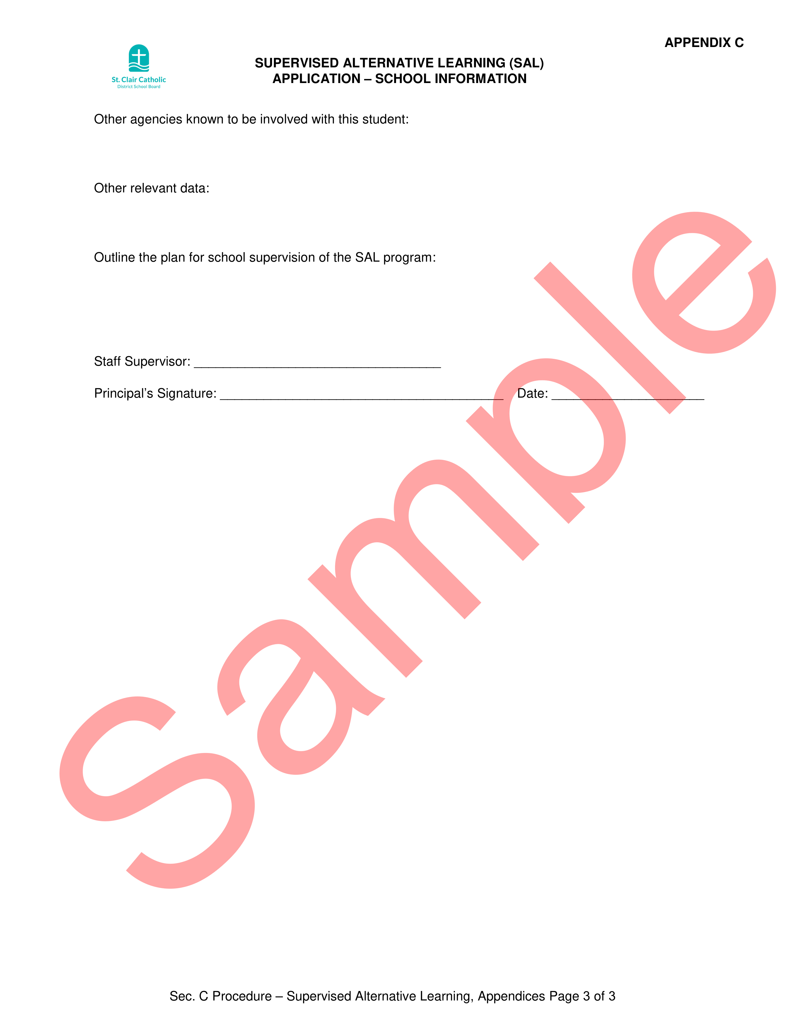 Page 1 of sample SAL Application - Student Request Form, with watermark