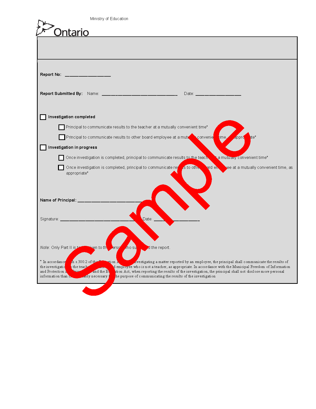 Page 1 of sample form for safe schools incident reporting, with watermark