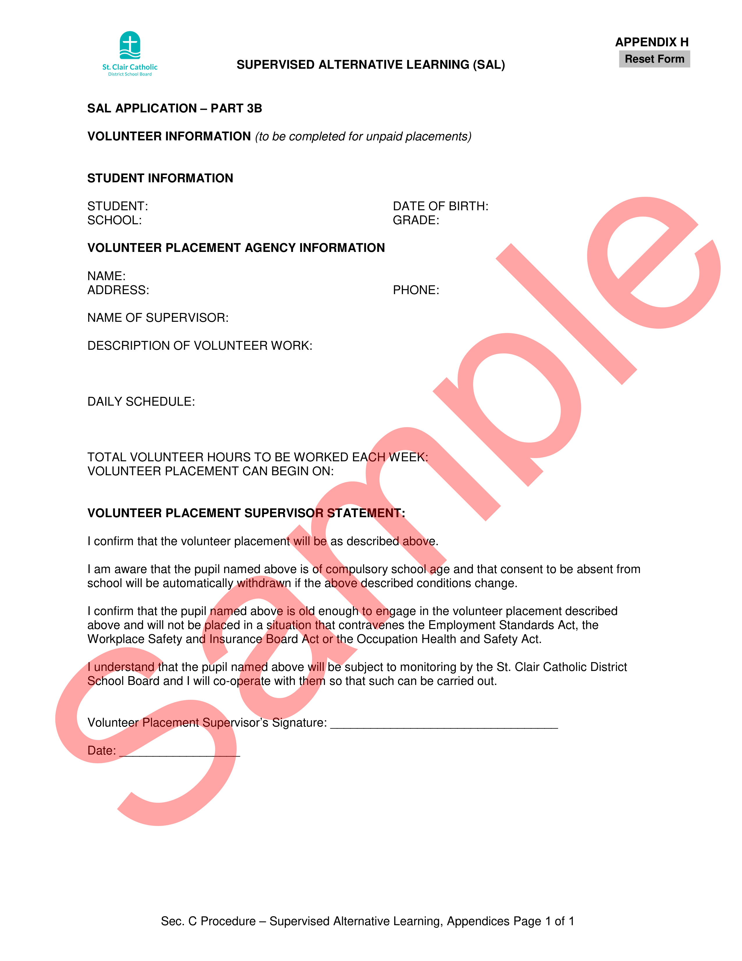 sample of SAL Application - Volunteer Information form, with watermark