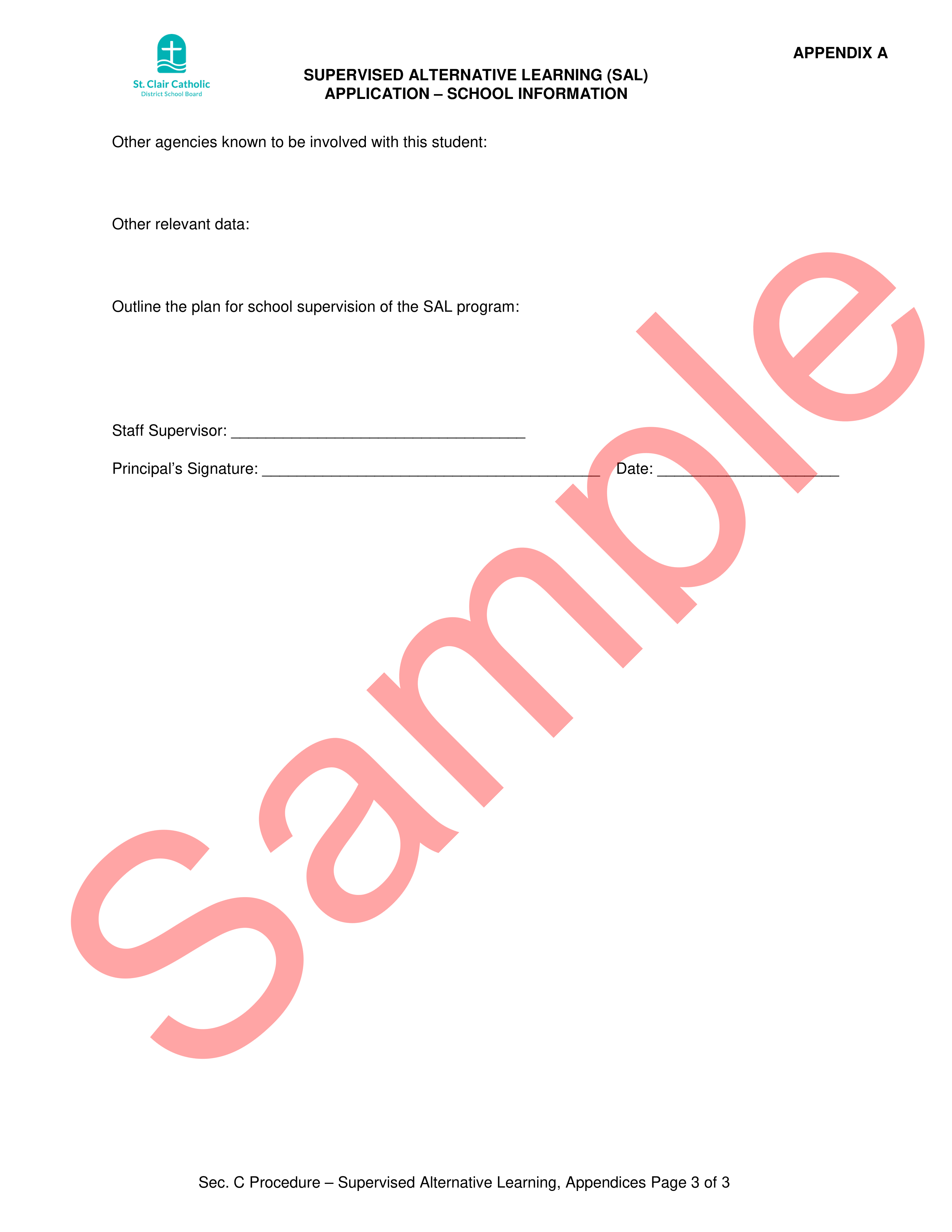 Page 3 of sample form for principal notice of intent to refer to SAL committee, with sample watermark