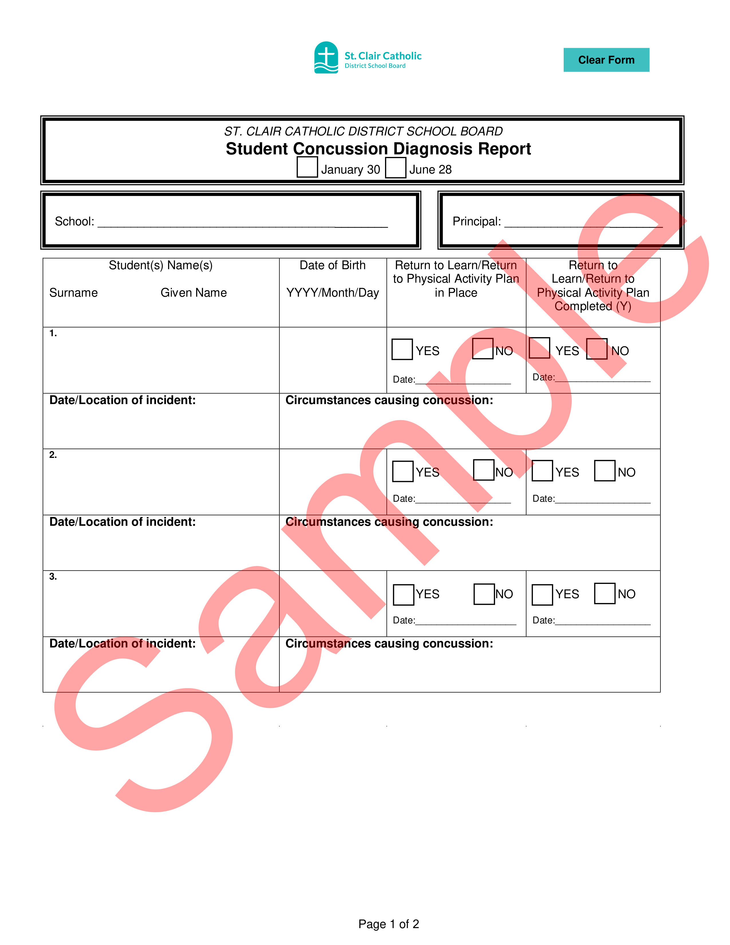 Page 1 of sample Student Concussion Diagnosis Report Form with watermark