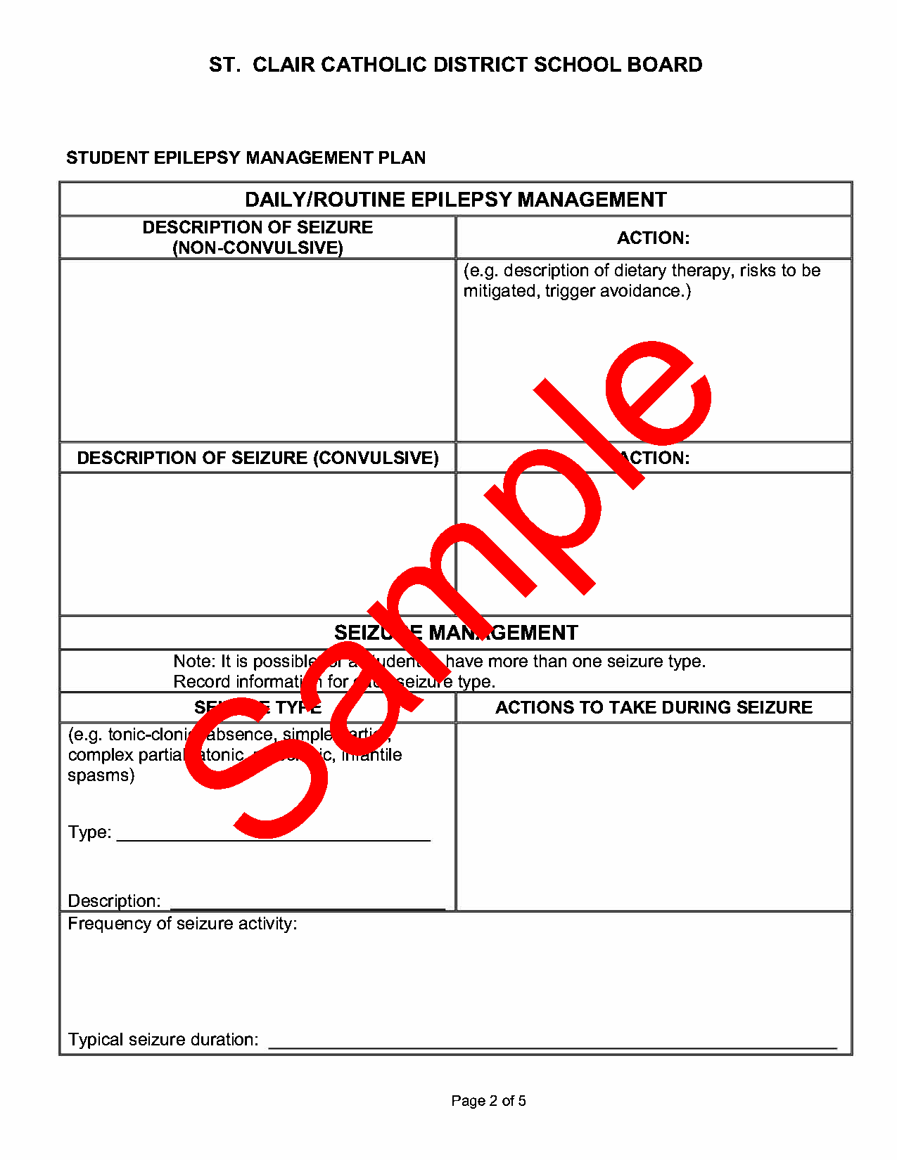 Page 2 of sample form  Student Epilipsy Management Plan of Care , with sample watermark