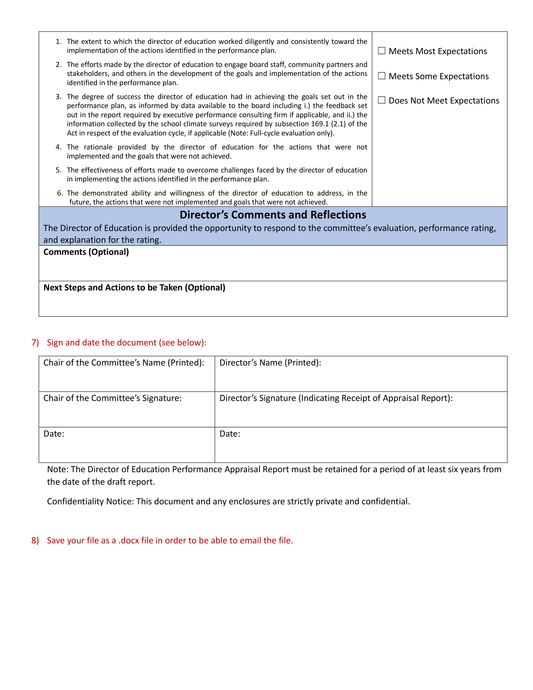Page 6 of Catholic Director of Education Appraisal Report Instruction Guide
