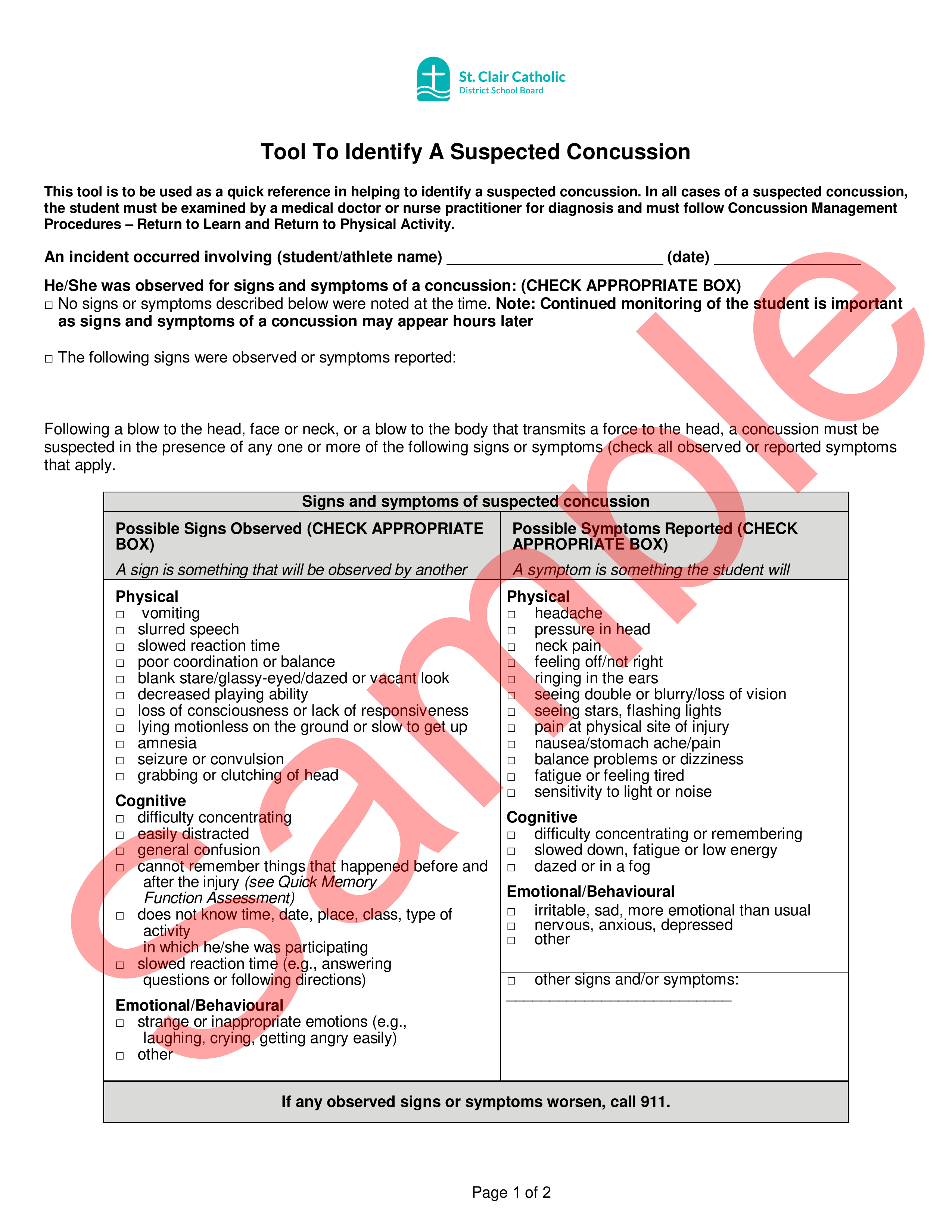 Page 1 of 2 of sample Tool to Identify A Suspected Concussion Form with watermark