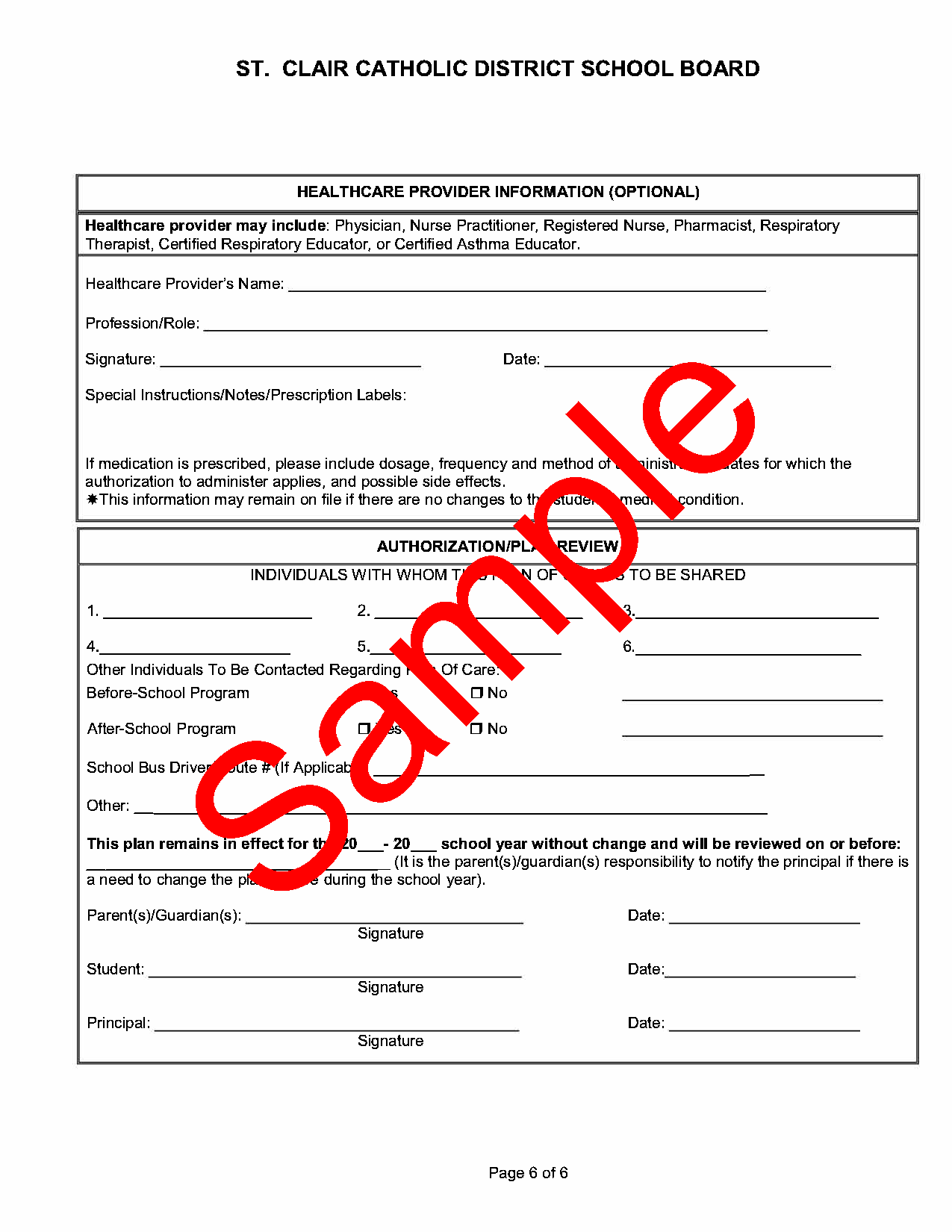 Page 6 of Sample of diabetes support plan of care form, with sample watermark