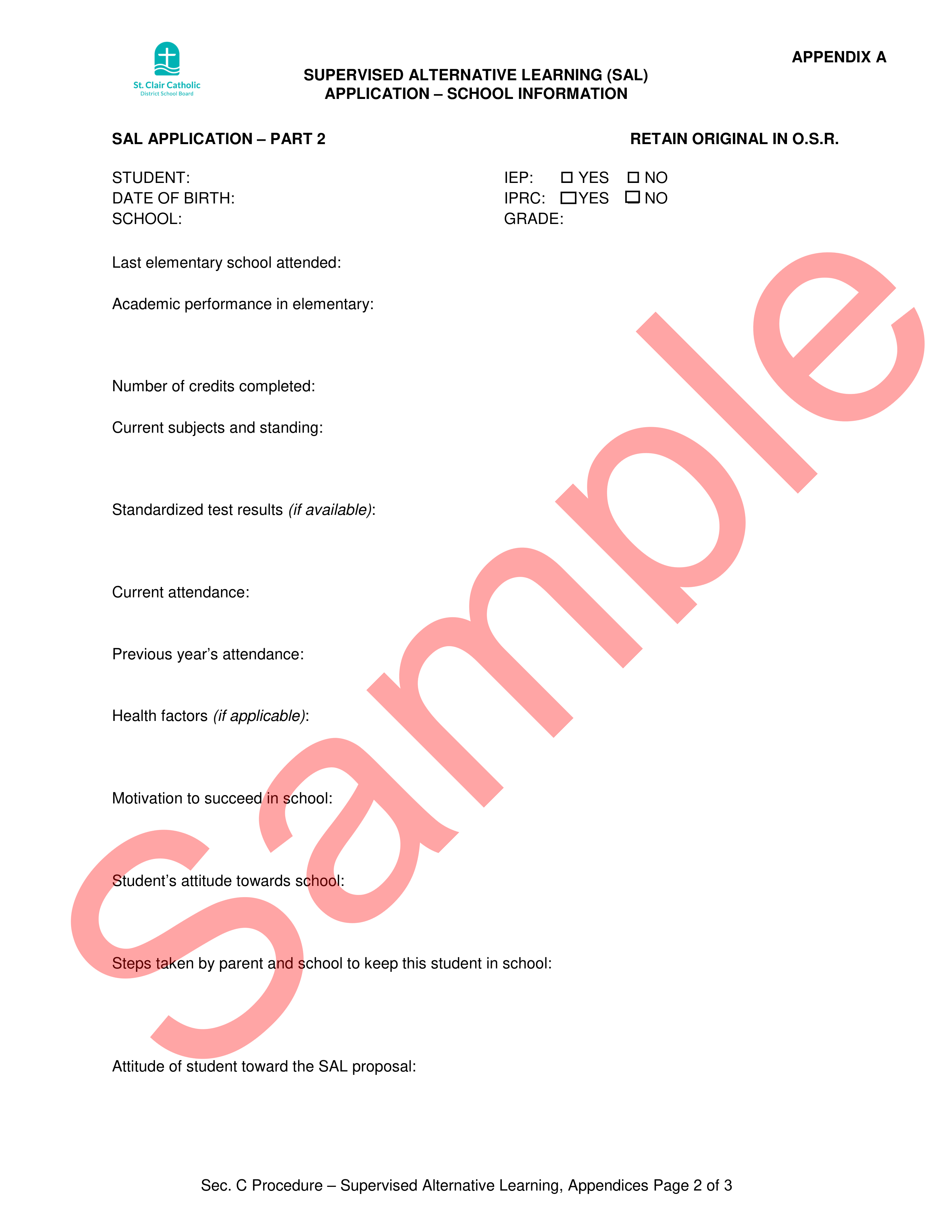 Page 2 of sample form for principal notice of intent to refer to SAL committee, with sample watermark
