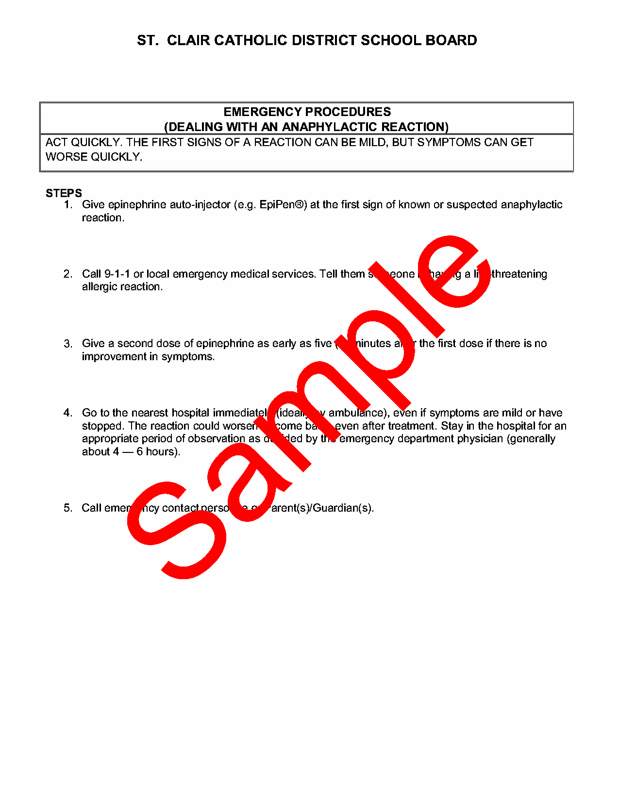 Page 3 of a sample anaphylaxis plan of care form, with watermark