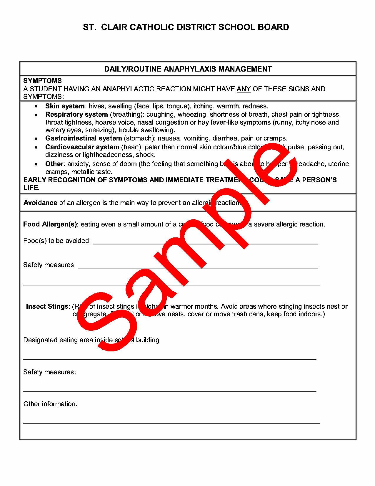 Page 2 of a sample anaphylaxis plan of care form, with watermark