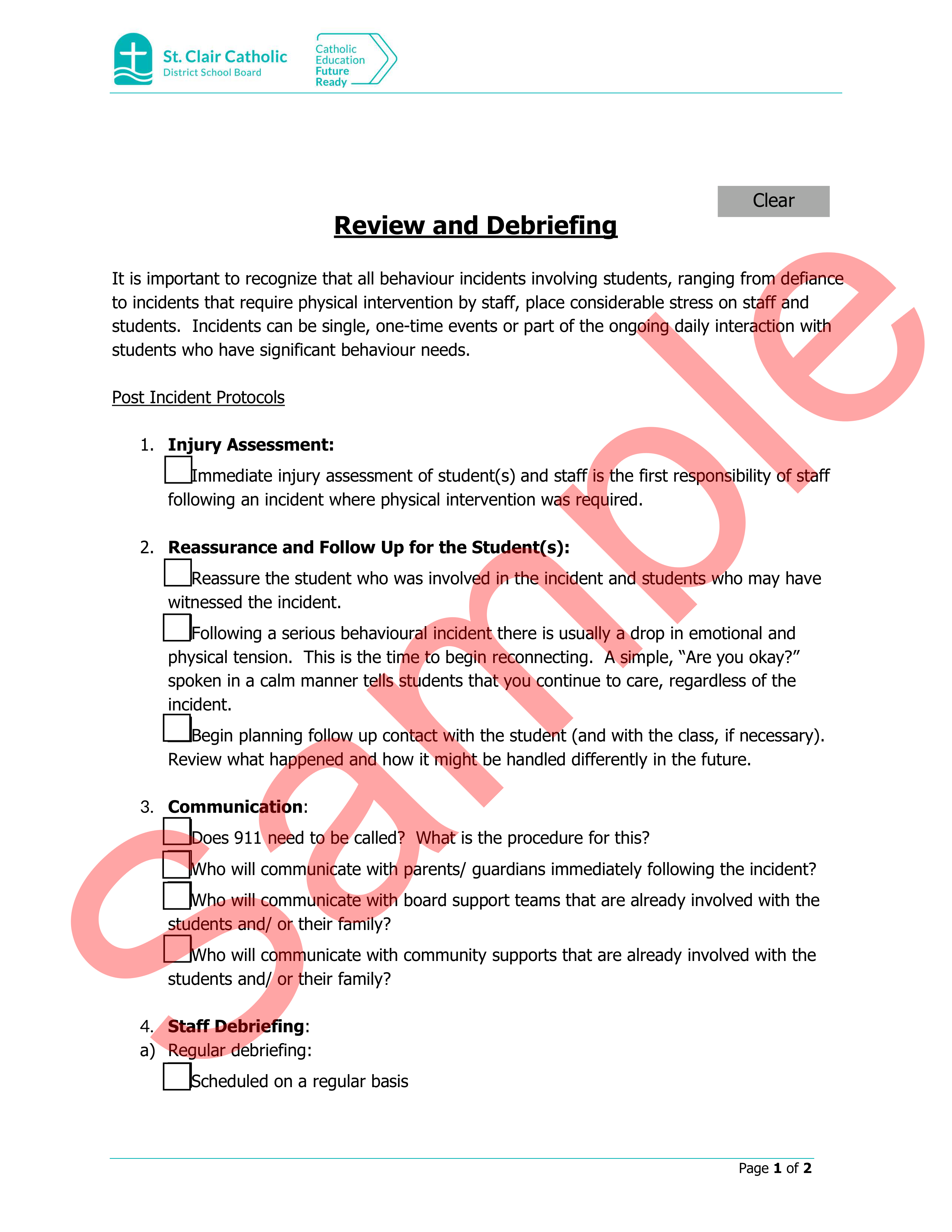 page 1 of sample Review and Debriefing Form, with watermark