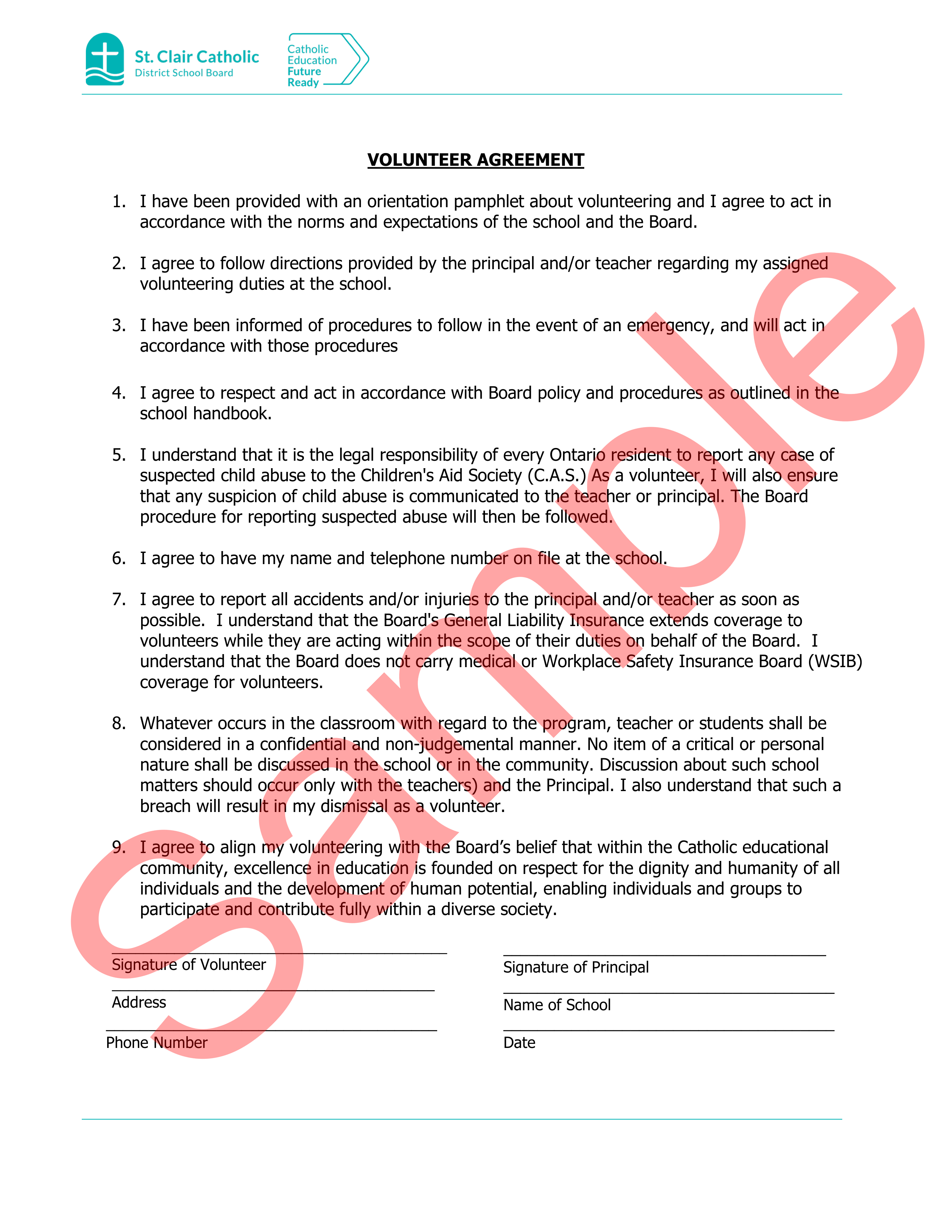 Sample of Volunteer Agreement form, with watermark