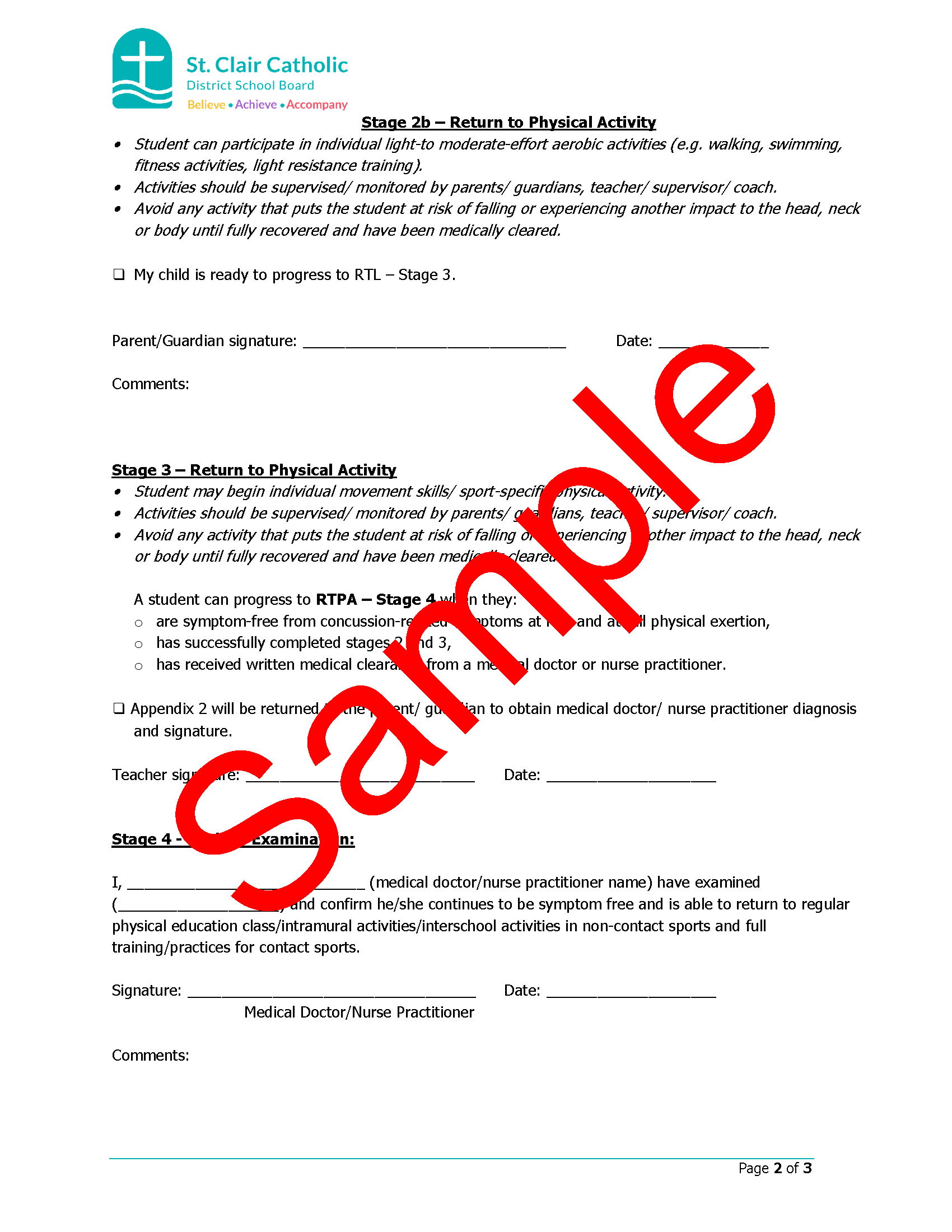 Page 2 of 3 of sample Return to Learn/Return to Physical Activity Plan Form with watermark