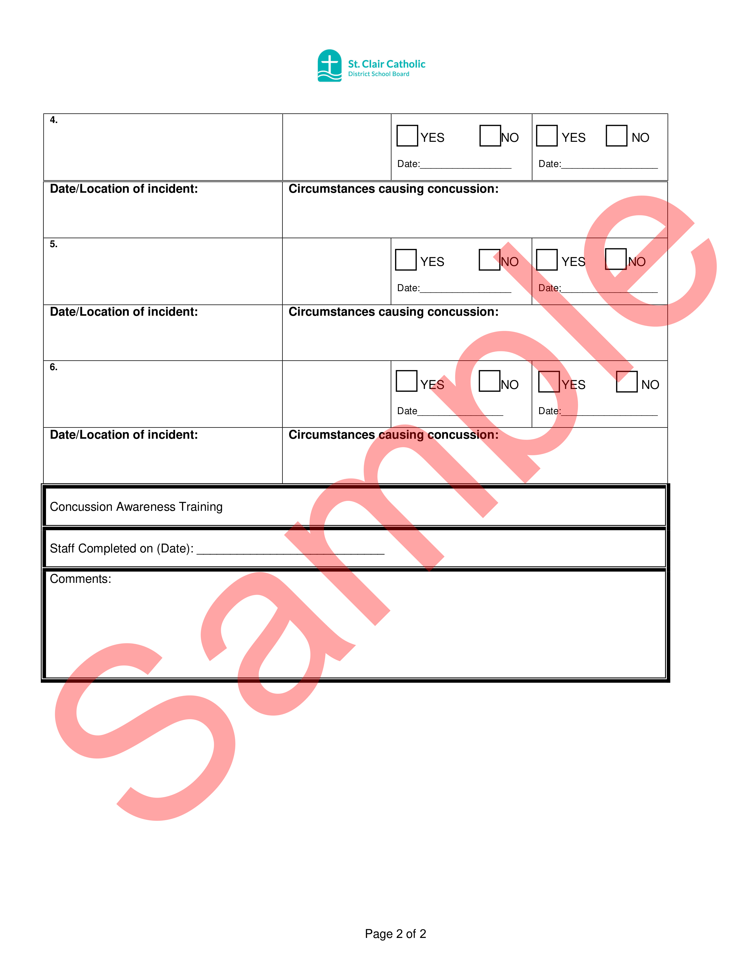 Page 1 of sample Student Concussion Diagnosis Report Form with watermark