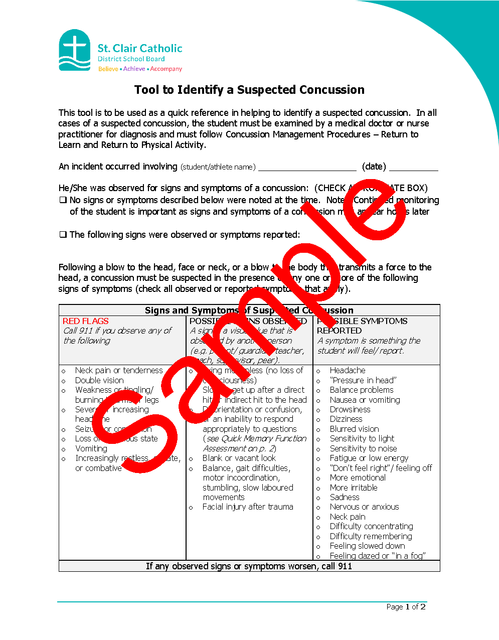 Page 1 of 2 of sample Tool to Identify A Suspected Concussion Form with watermark