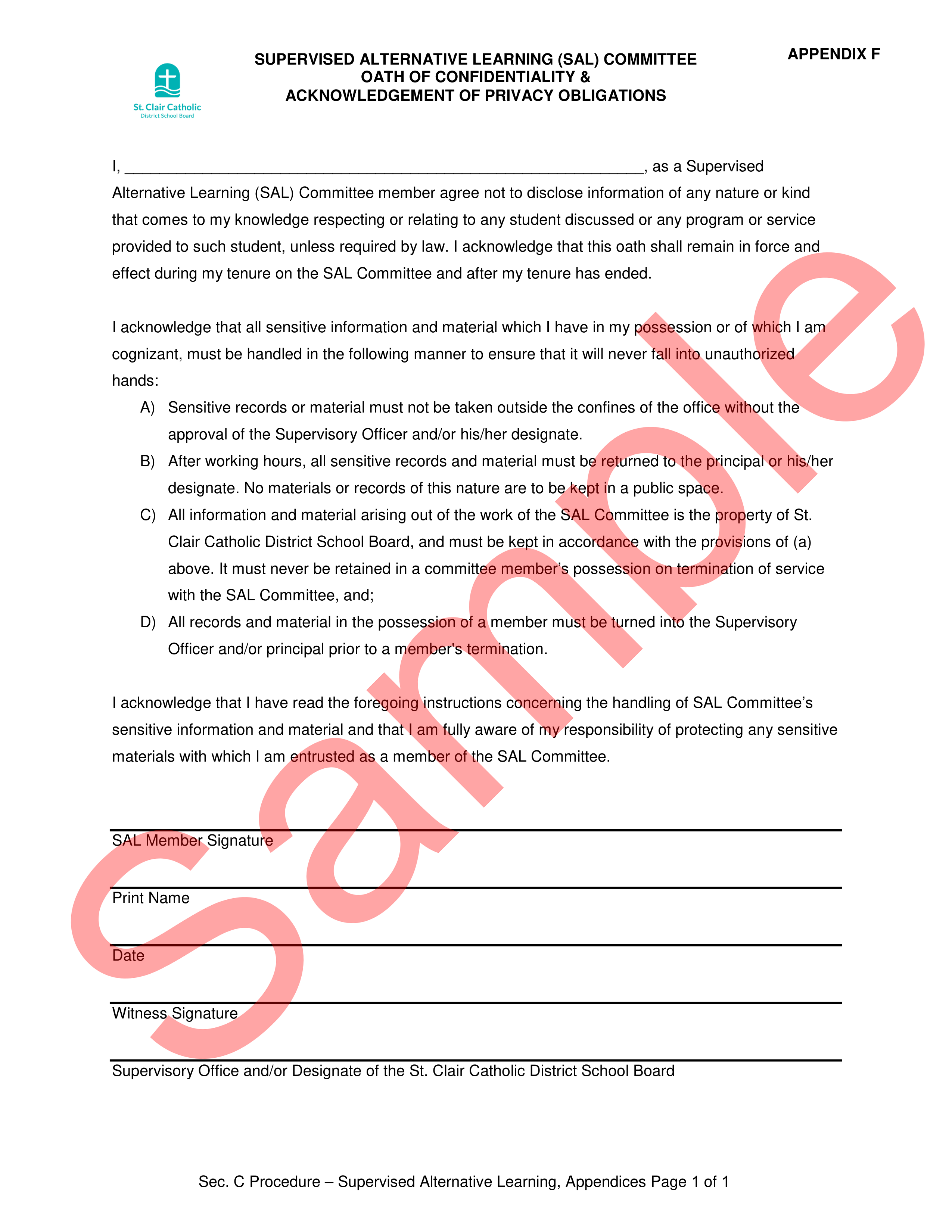 Sample SAL Committee Oath of Confidentiality and Acknowledgement of Privacy Obligations Form, with watermark